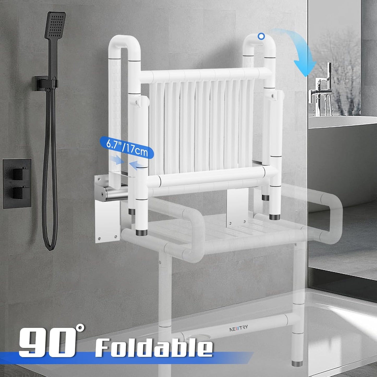 Folding Shower Seat Wall Mounted, 660lb Fold Down Shower Seat with Support Armrests/Footrest, Foldable