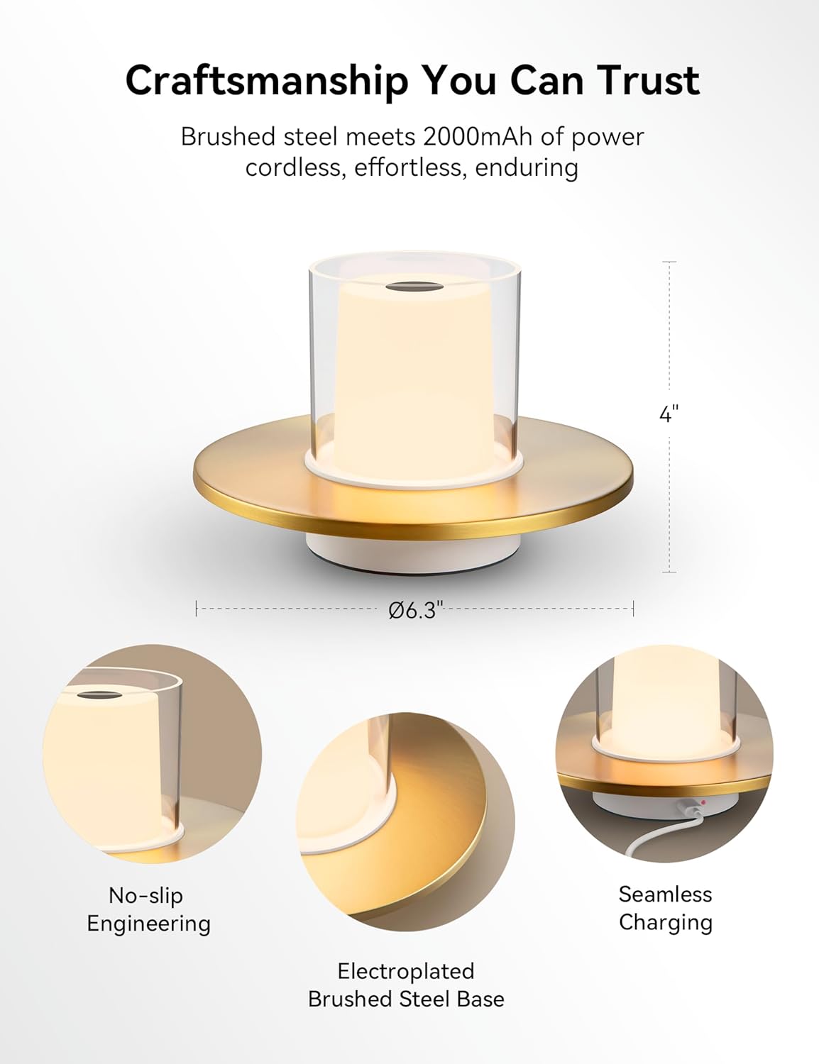 Rechargeable Candle Lamp, Battery Operated Cordless Lamps for Table, 4-Level Dimmable, Flameless