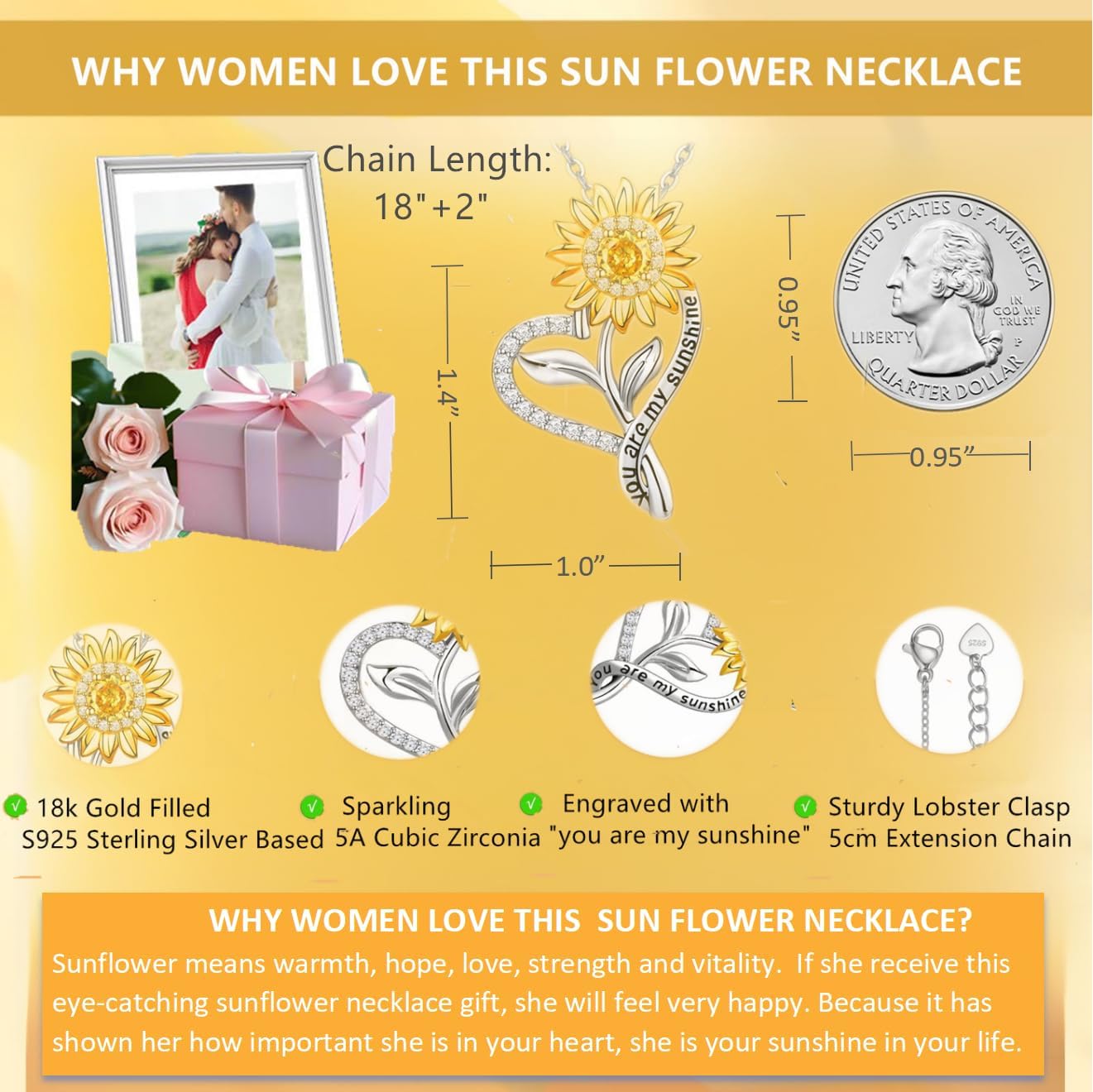 Sunflower Necklaces, 'You Are My Sunshine Necklace',18k Yellow Gold Plated S925 Sterling Silver