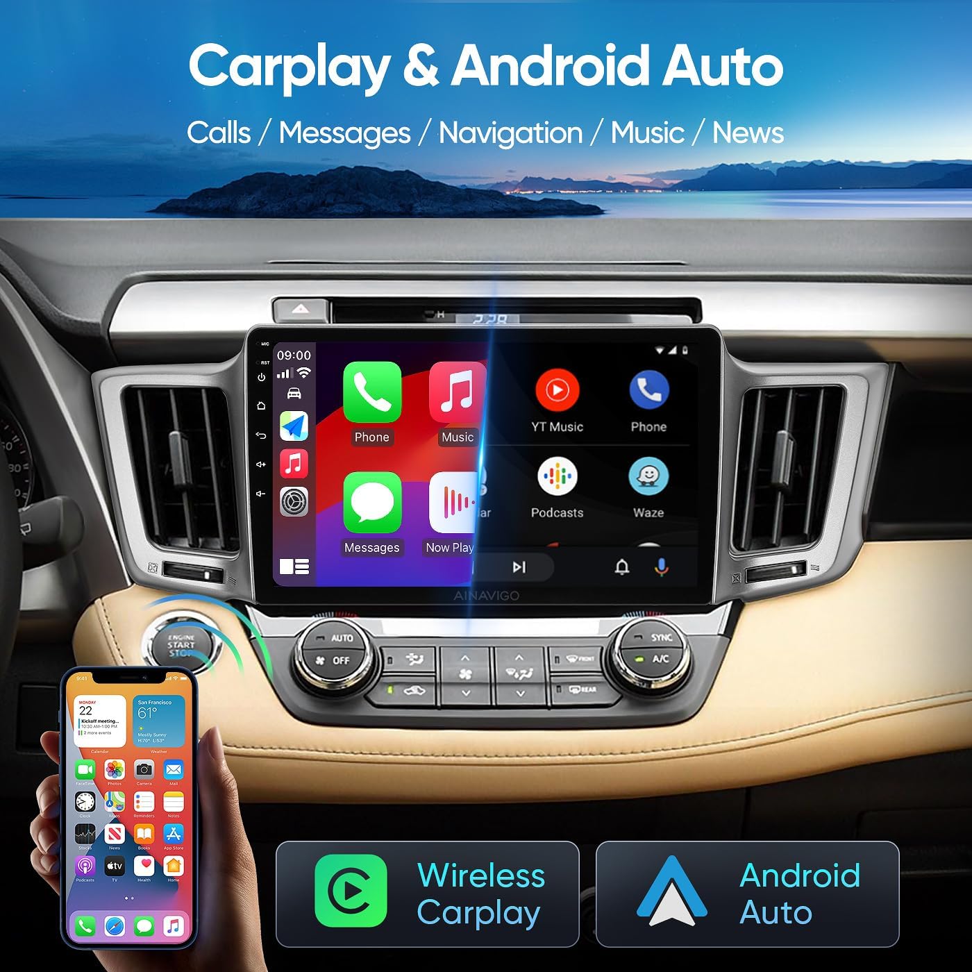10.2" Car Radio Stereo for Toyota RAV4 2013-2018 - Wireless CarPlay & Android Auto | IPS HD 5G WiFi Touchscreen | GPS Nav