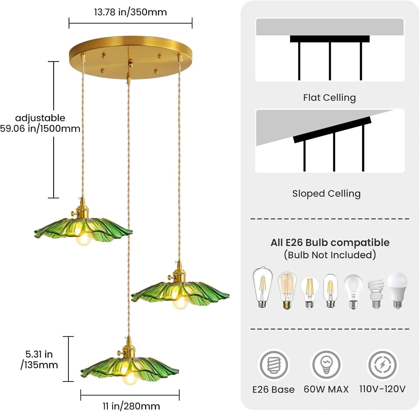 GloMuse Pendant Light Fixture Green Glass Light Kitchen Island Lights Dining Room Light Fixture Chandelier Flower Three Lights for Bedro