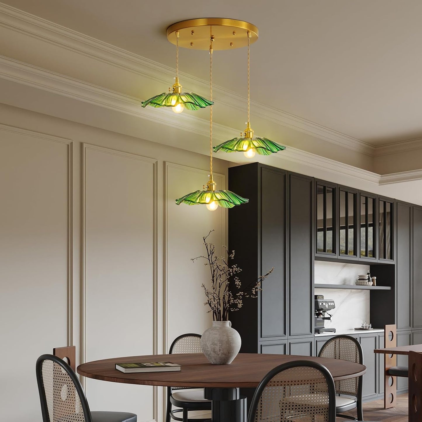 GloMuse Pendant Light Fixture Green Glass Light Kitchen Island Lights Dining Room Light Fixture Chandelier Flower Three Lights for Bedro