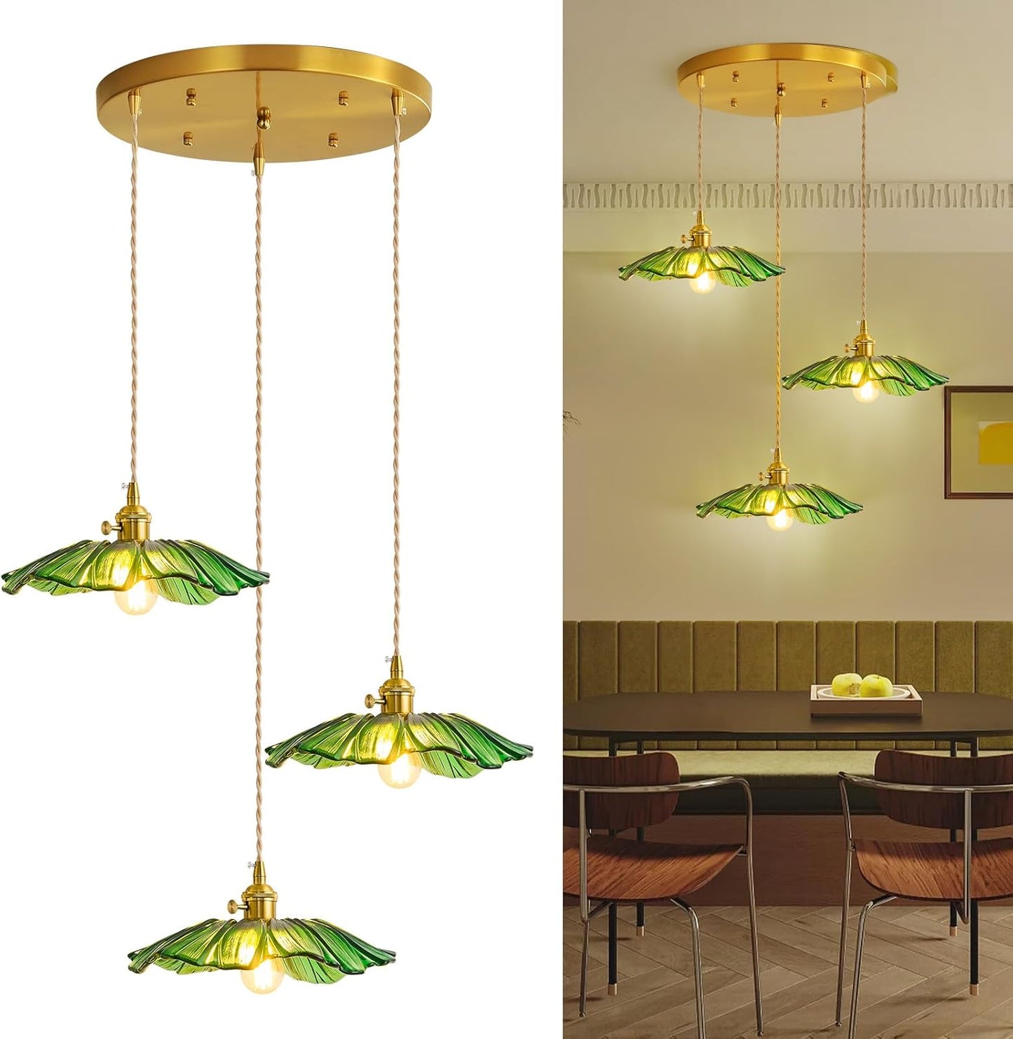 GloMuse Pendant Light Fixture Green Glass Light Kitchen Island Lights Dining Room Light Fixture Chandelier Flower Three Lights for Bedro