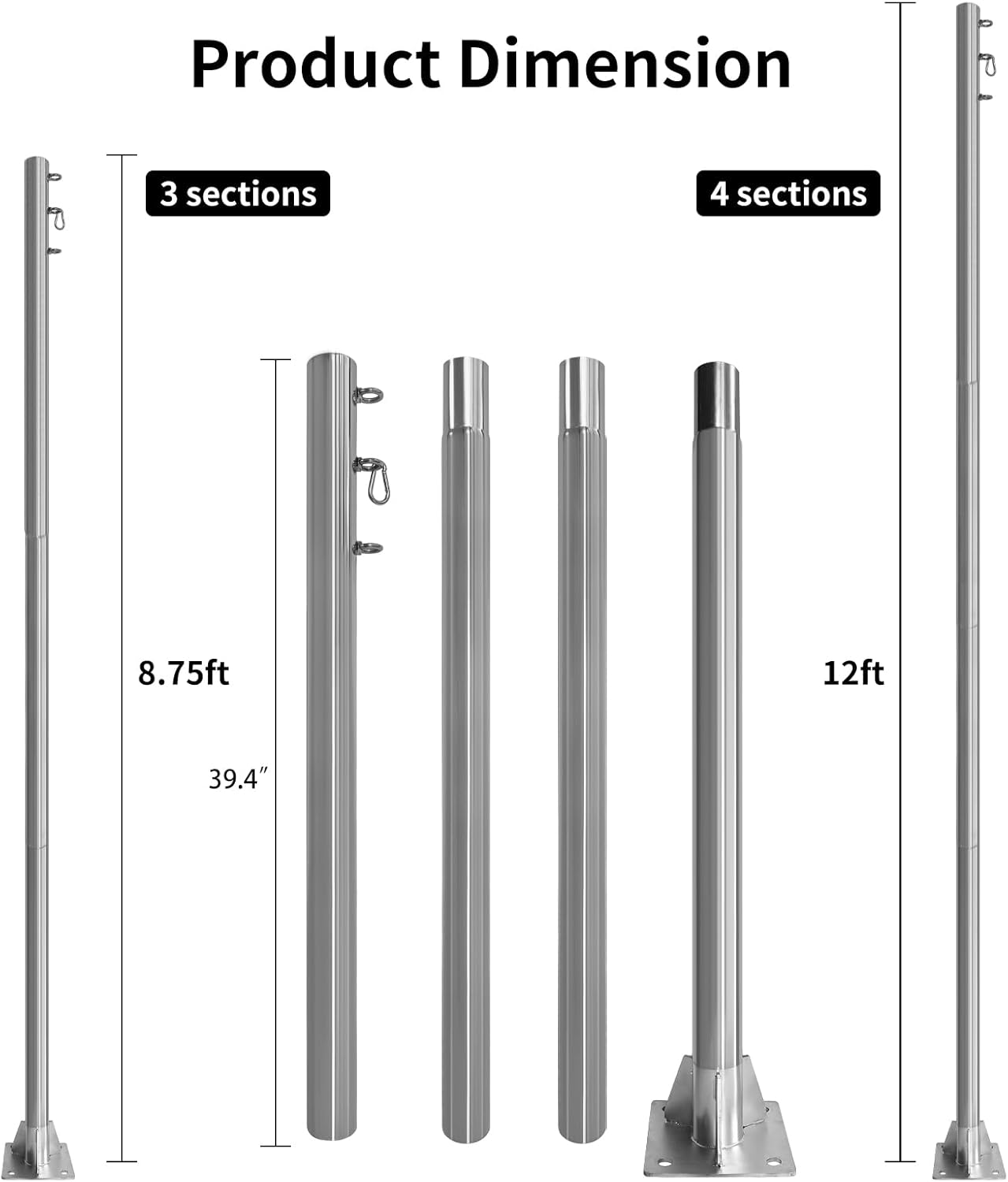 Stainless Steel Shade Sail Poles Kit,12ft Shade Sail Post Support Awning Canopy 2.36' Diameter Heavy Duty