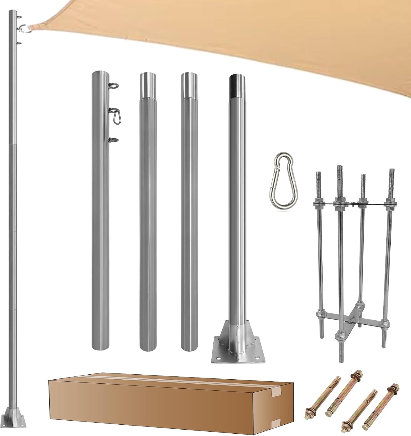 Stainless Steel Shade Sail Poles Kit,12ft Shade Sail Post Support Awning Canopy 2.36' Diameter Heavy Duty