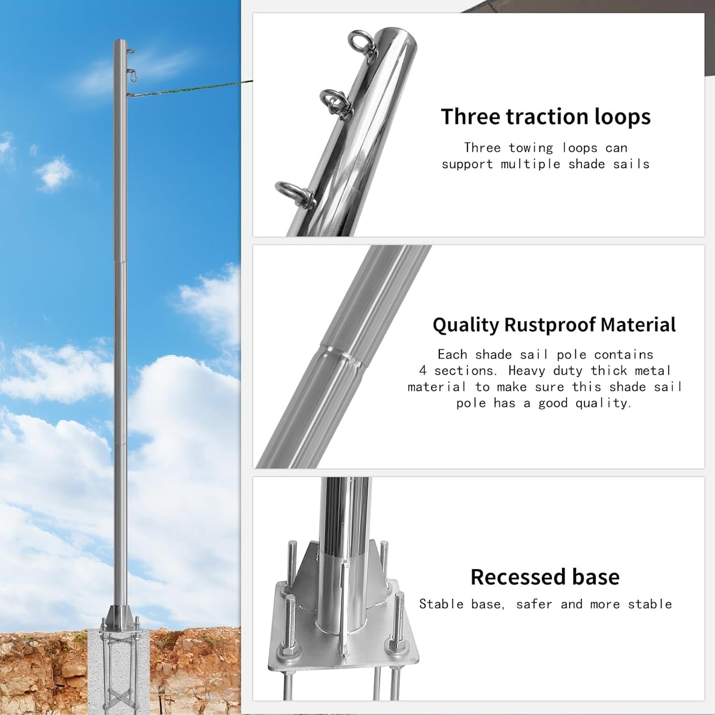 Stainless Steel Shade Sail Poles Kit,12ft Shade Sail Post Support Awning Canopy 2.36' Diameter Heavy Duty
