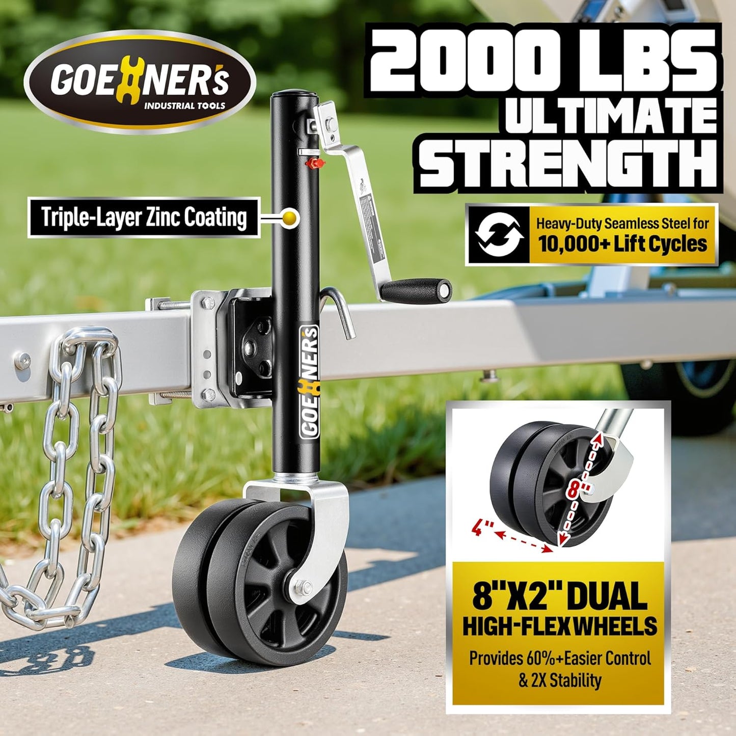 Upgrade 2.0 2000LBS Boat Trailer Jack, Dual-Wheel Swivel Tongue Jack with Detachable Handle