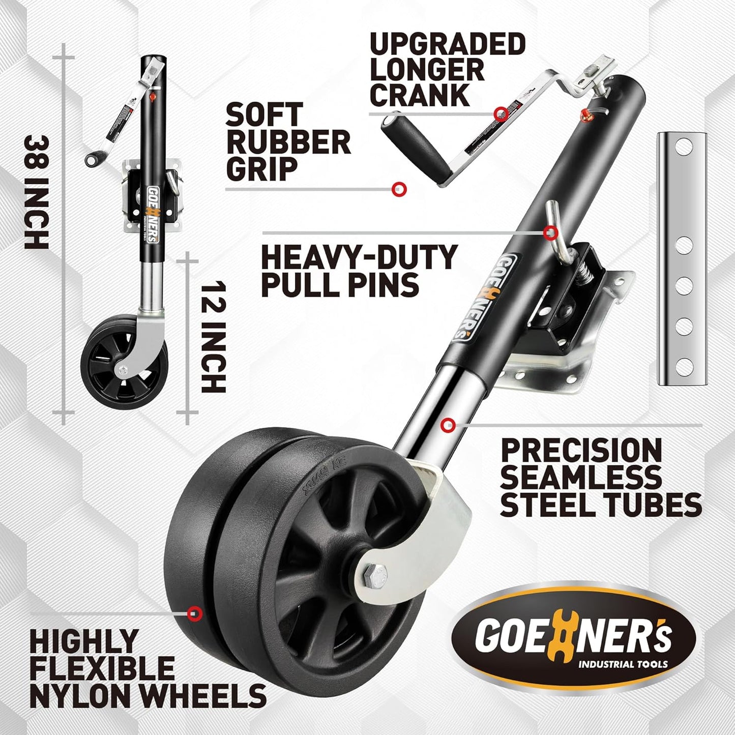 Upgrade 2.0 2000LBS Boat Trailer Jack, Dual-Wheel Swivel Tongue Jack with Detachable Handle