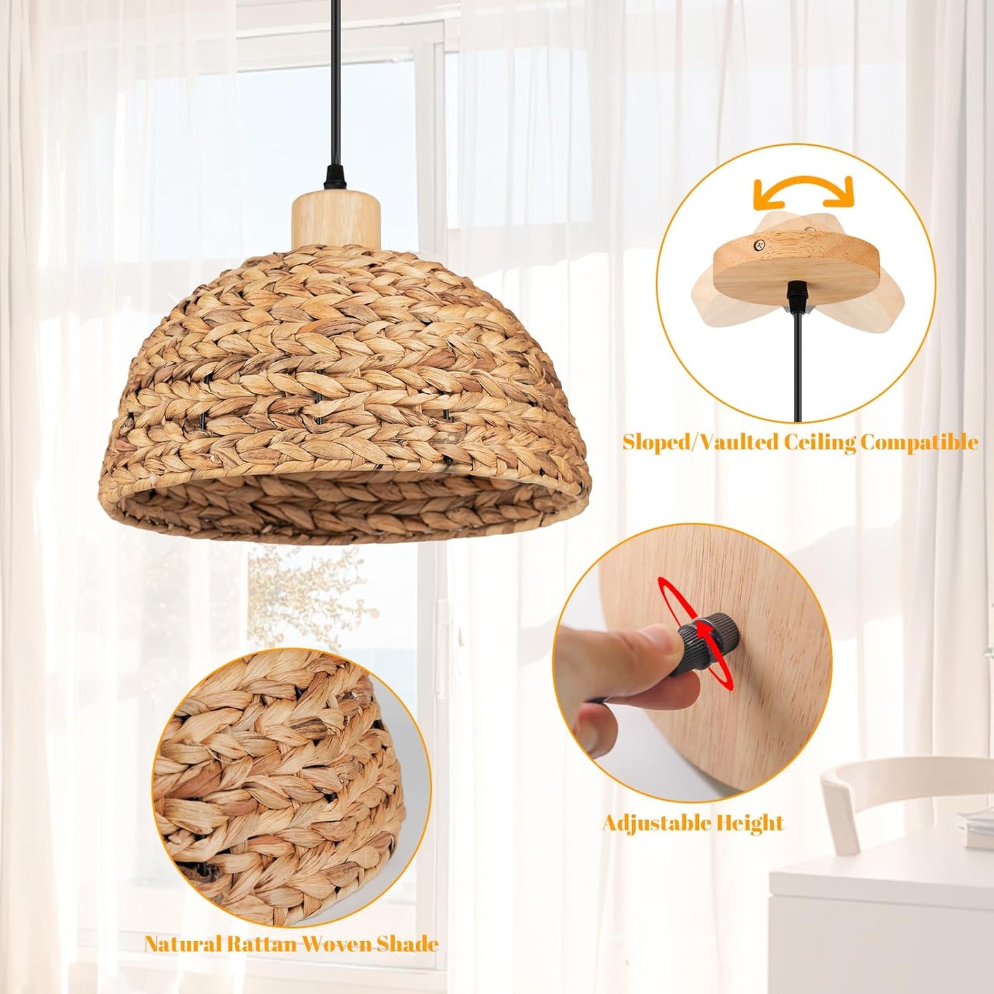 Giltnio Boho Rattan Pendant Light, Hand Woven Wicker Fixture Farmhouse Ceiling