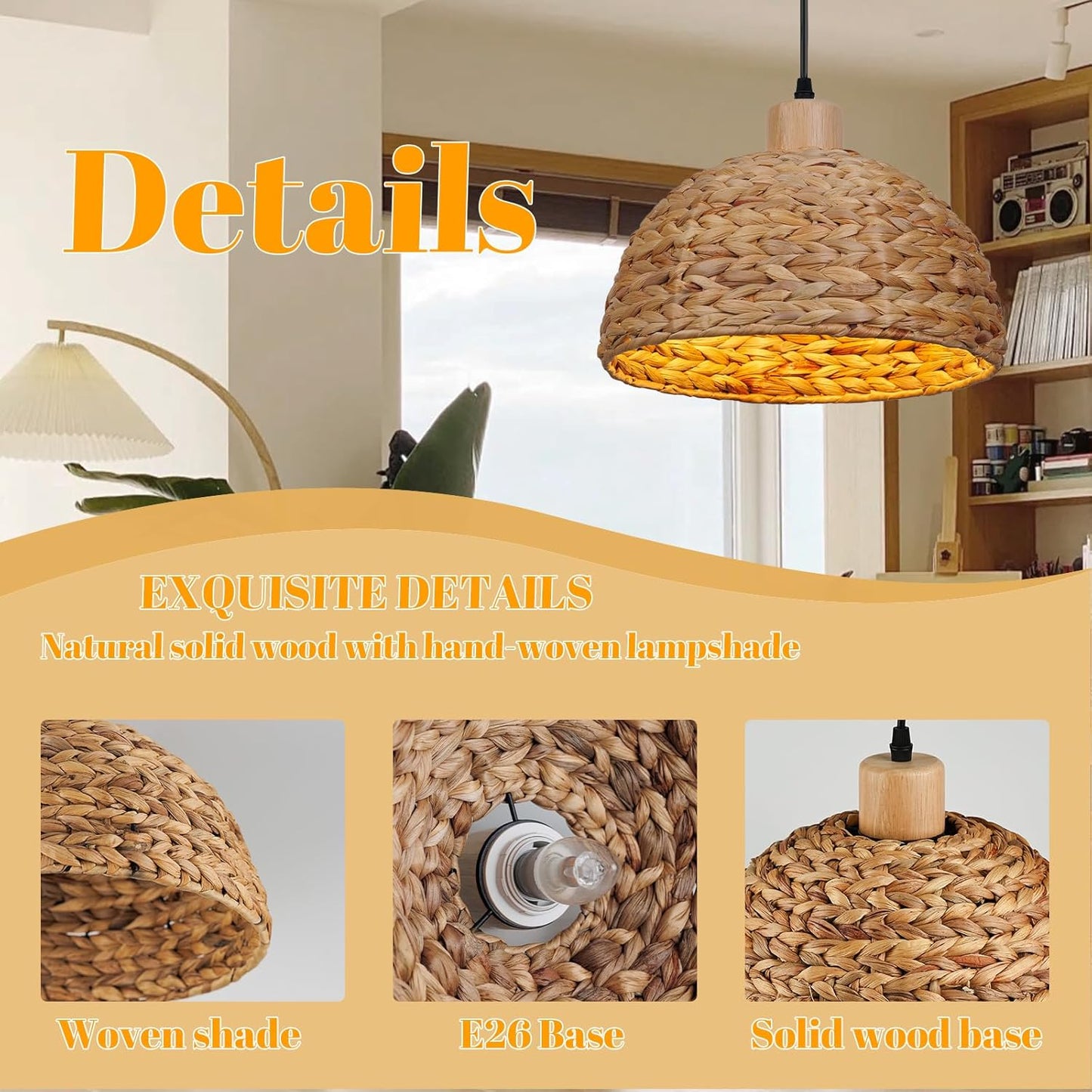 Giltnio Boho Rattan Pendant Light, Hand Woven Wicker Fixture Farmhouse Ceiling