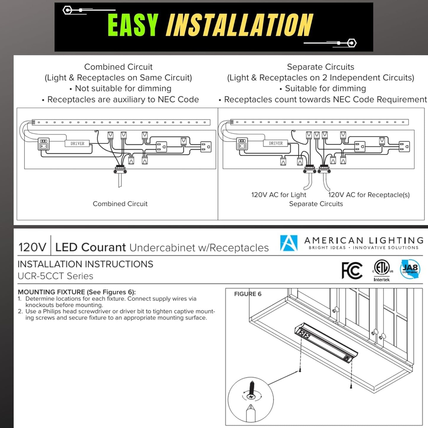 American Lighting 12-Inch LED Courant Undercabinet Light with One Receptacle, 5CCT, White Finish, 120V AC, 7.5W, 430 Lumens, CRI 90,