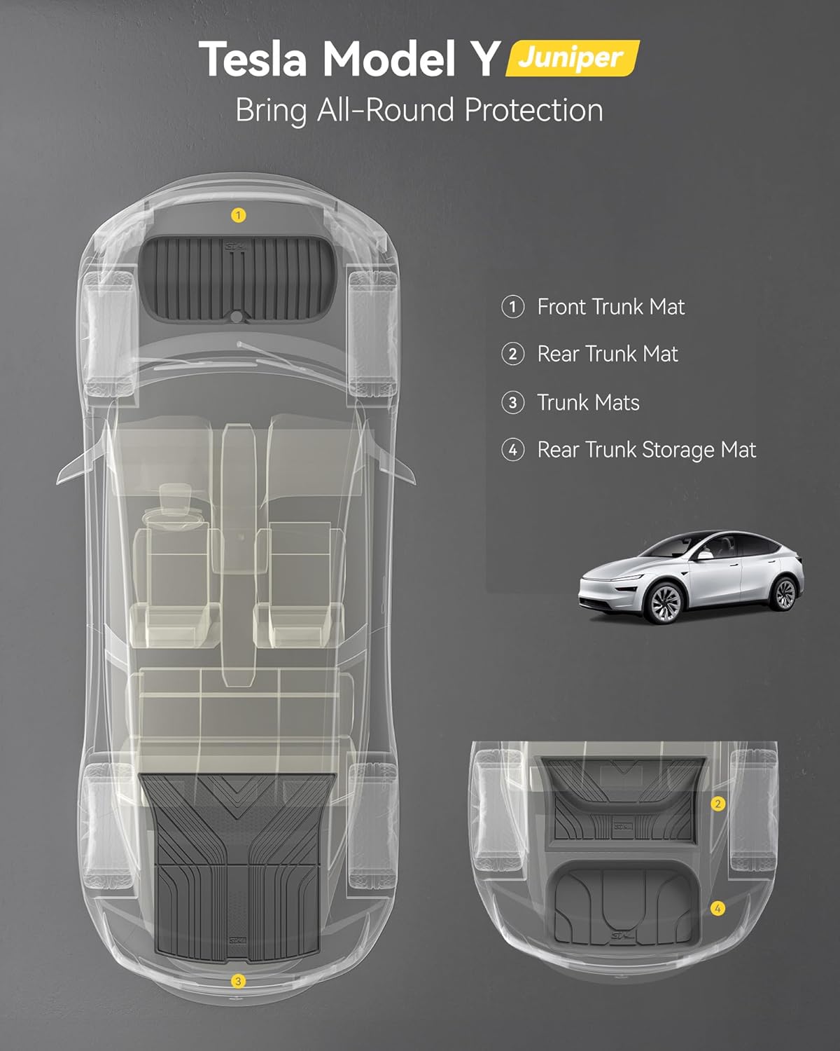 3W 2025 2026 Tesla Model Y Juniper Cargo Mat with Front and Rear Trunk Mats Cargo Liners Anti-Slip TPE All Weather