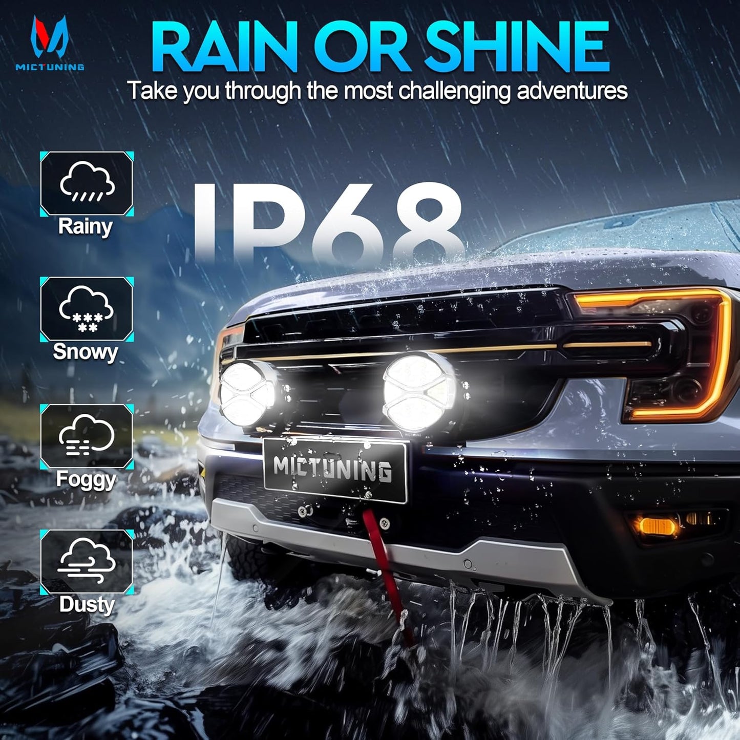 MICTUNING 4 Inch LED Light Bar, 160W Dual-Color Off-Road Lights Pod, White/Amber Turn Signal Combo, Side Shooter, IP68 Waterproo