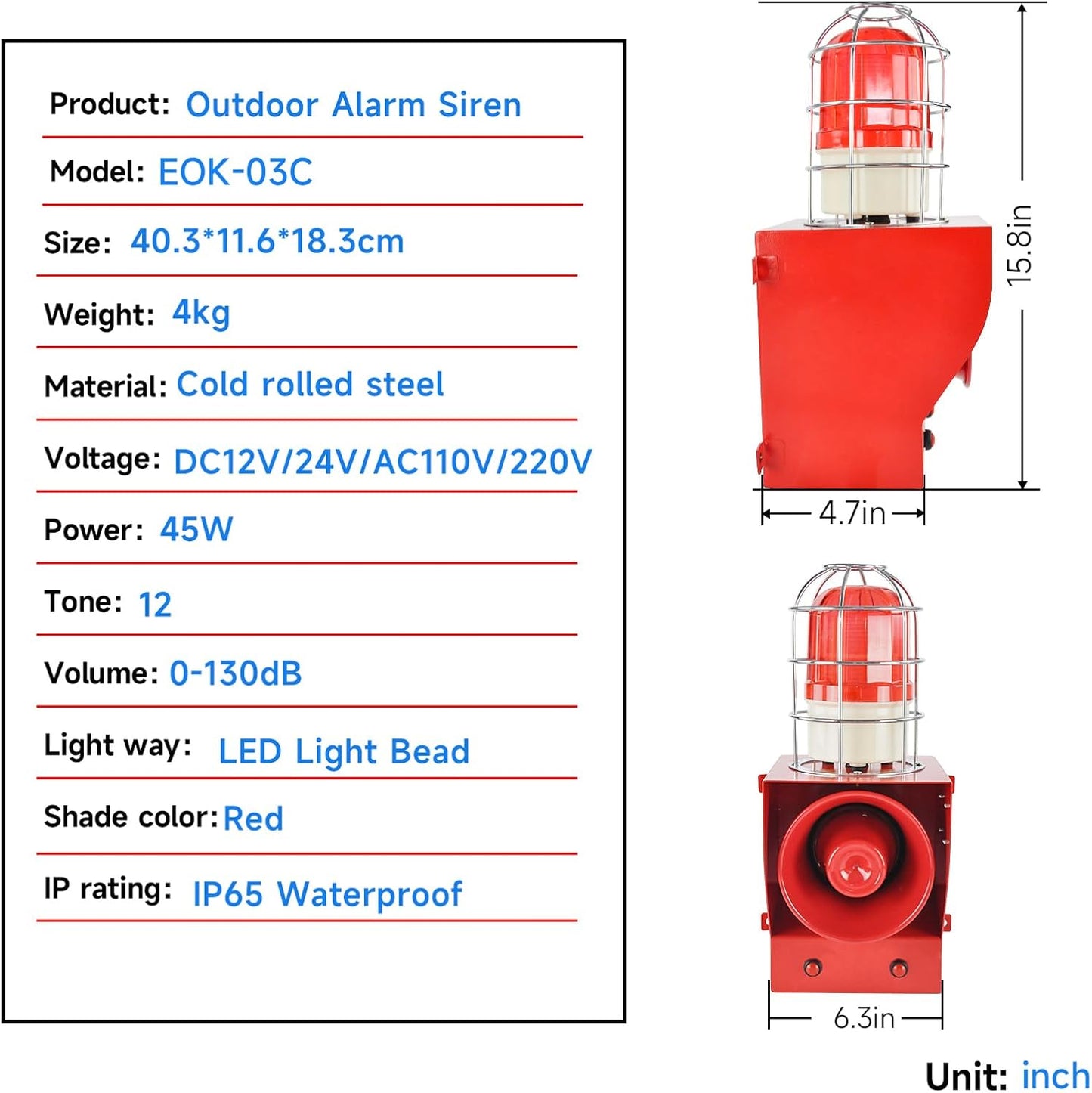 EOKHEOY Alarm Siren Waterproof Indoor/Outdoor Security Emergency Adjustable 130dB Loudest Sirens with Beacon Light Prot