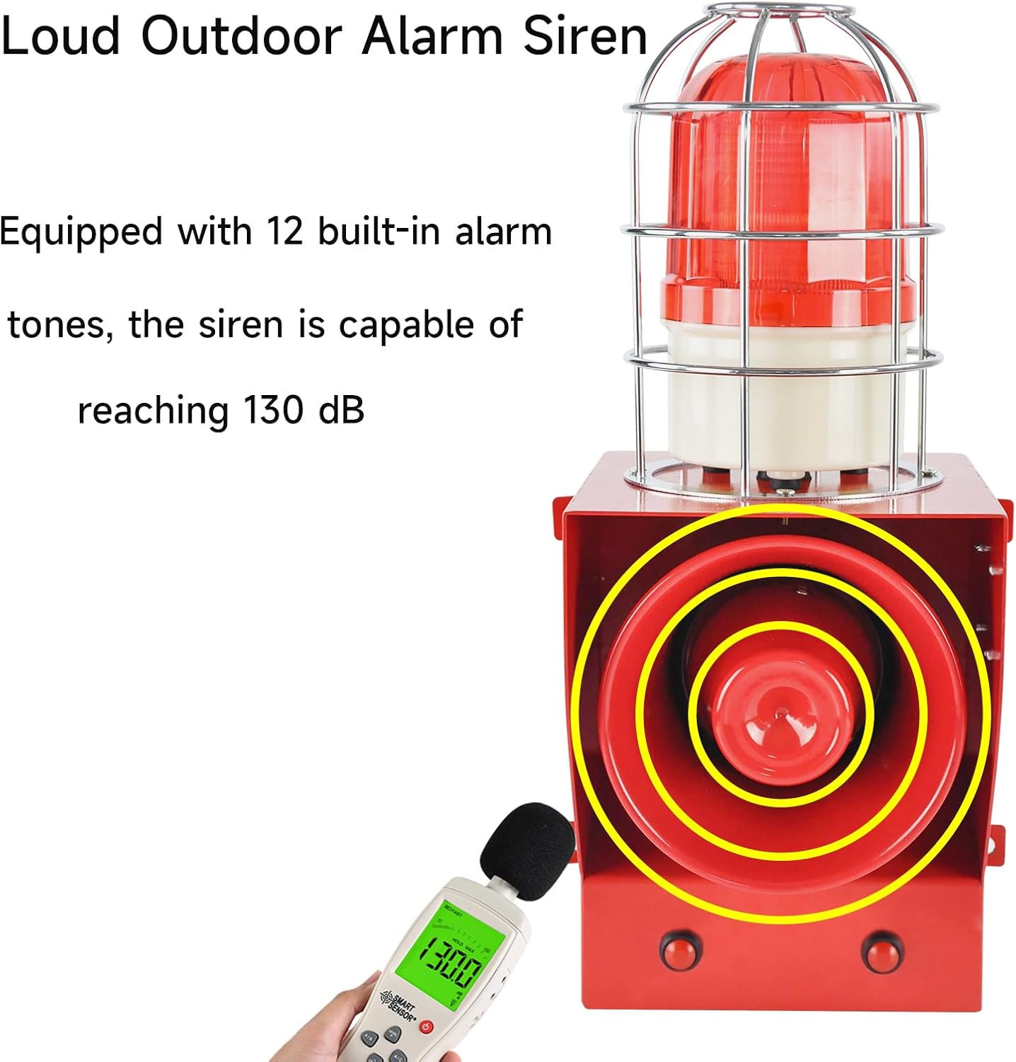EOKHEOY Alarm Siren Waterproof Indoor/Outdoor Security Emergency Adjustable 130dB Loudest Sirens with Beacon Light Prot