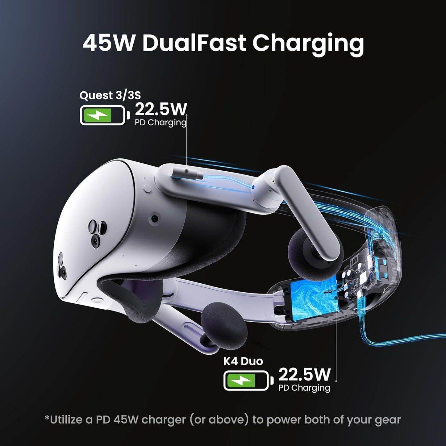 KIWI design Audio Head Strap with Battery for Meta/Oculus Quest 3/3S, K4 Duo DualFast Charging Headset, VR Accessories with Balanc