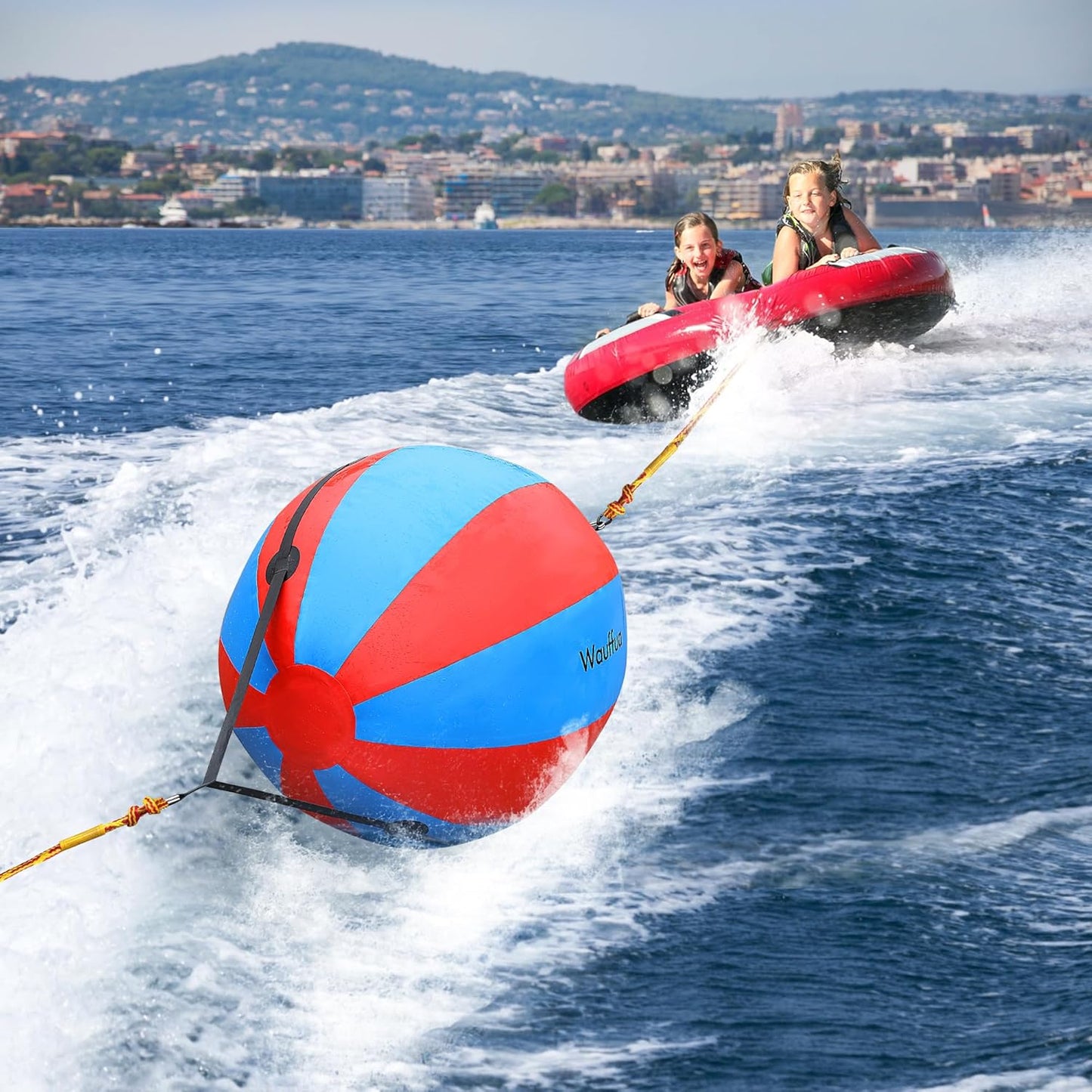 Towable Tube Rope Booster Ball, Tow Rope for Boat Tubing, 60 ft Rope for Lift and Visibility with 2600lb Break Strength for Boating, Water