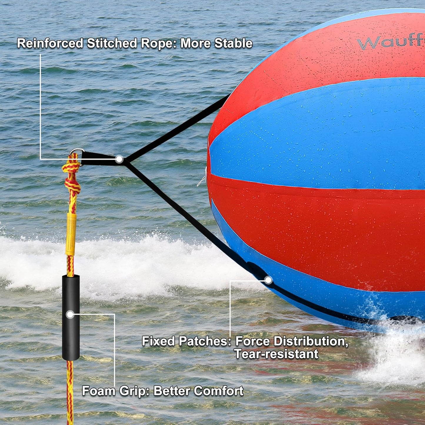 Towable Tube Rope Booster Ball, Tow Rope for Boat Tubing, 60 ft Rope for Lift and Visibility with 2600lb Break Strength for Boating, Water