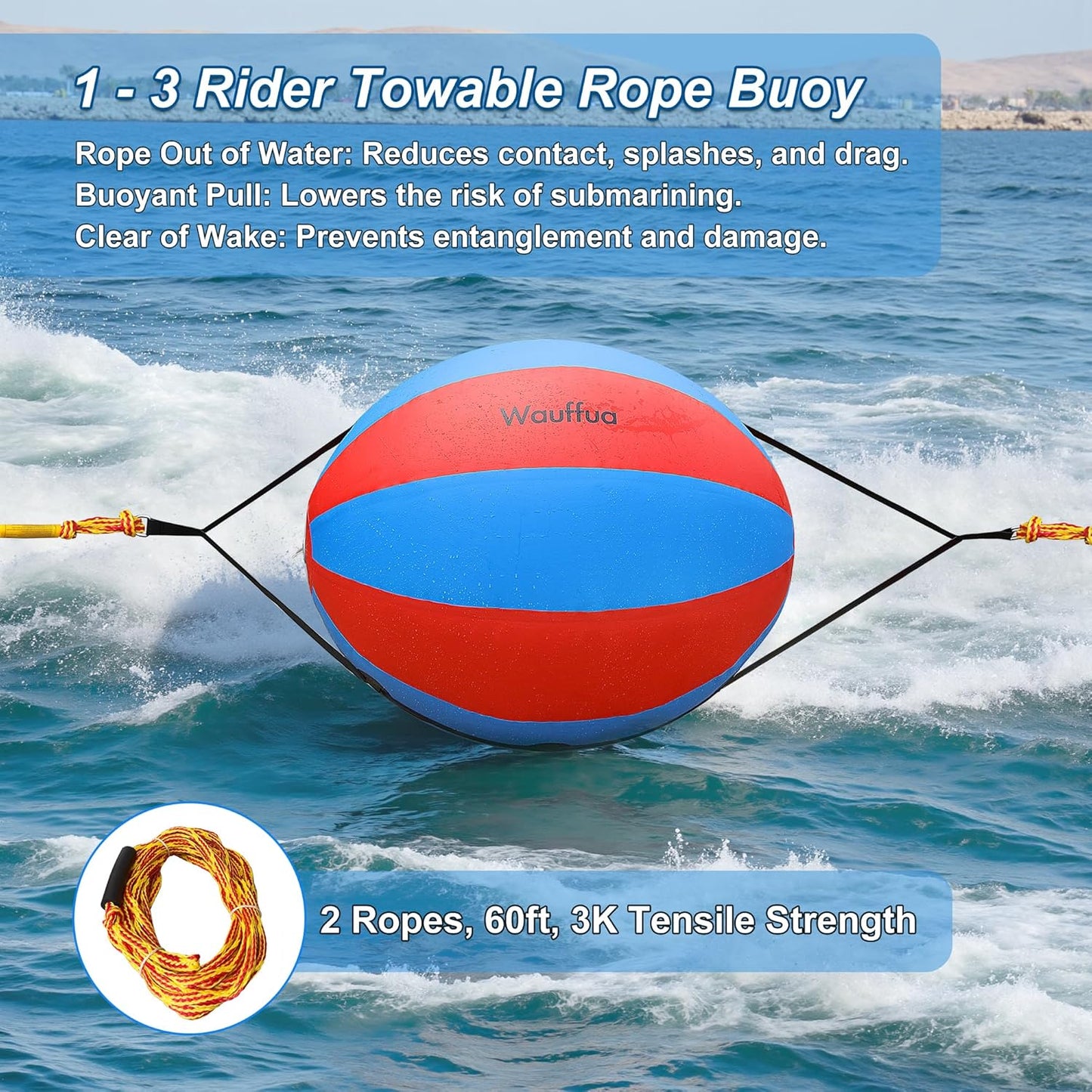 Towable Tube Rope Booster Ball, Tow Rope for Boat Tubing, 60 ft Rope for Lift and Visibility with 2600lb Break Strength for Boating, Water