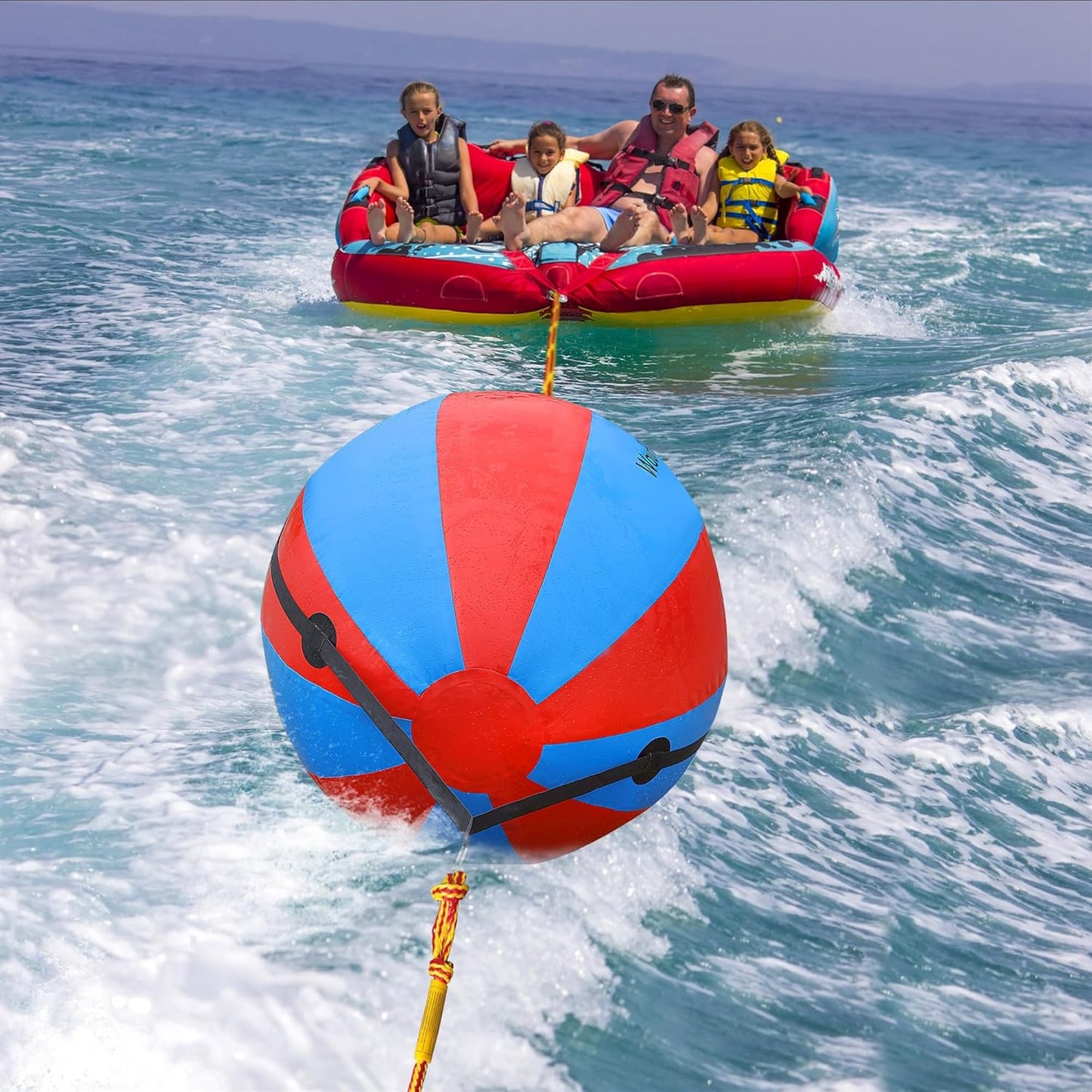 Towable Tube Rope Booster Ball, Tow Rope for Boat Tubing, 60 ft Rope for Lift and Visibility with 2600lb Break Strength for Boating, Water