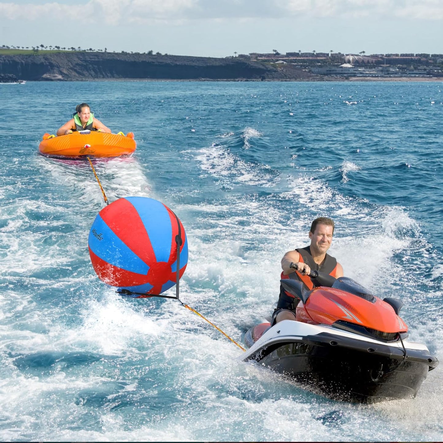 Towable Tube Rope Booster Ball, Tow Rope for Boat Tubing, 60 ft Rope for Lift and Visibility with 2600lb Break Strength for Boating, Water