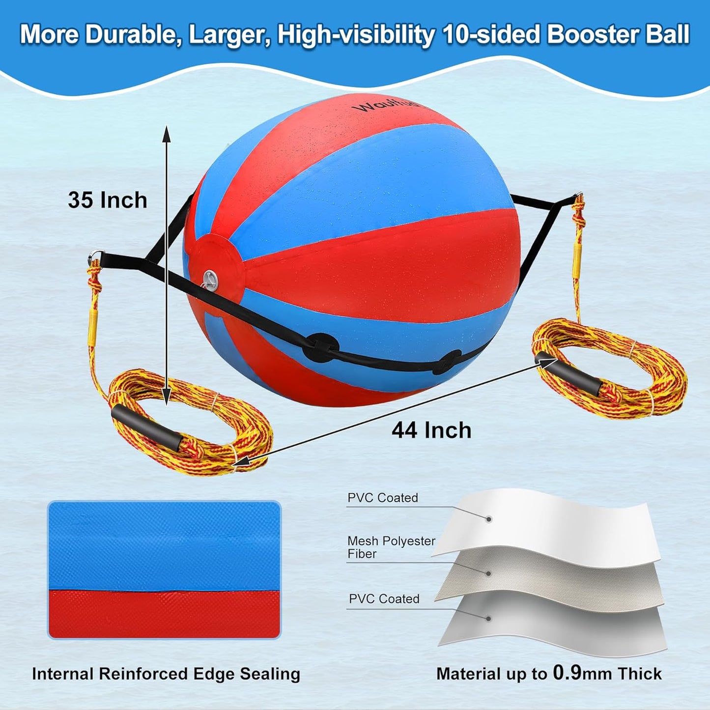Towable Tube Rope Booster Ball, Tow Rope for Boat Tubing, 60 ft Rope for Lift and Visibility with 2600lb Break Strength for Boating, Water