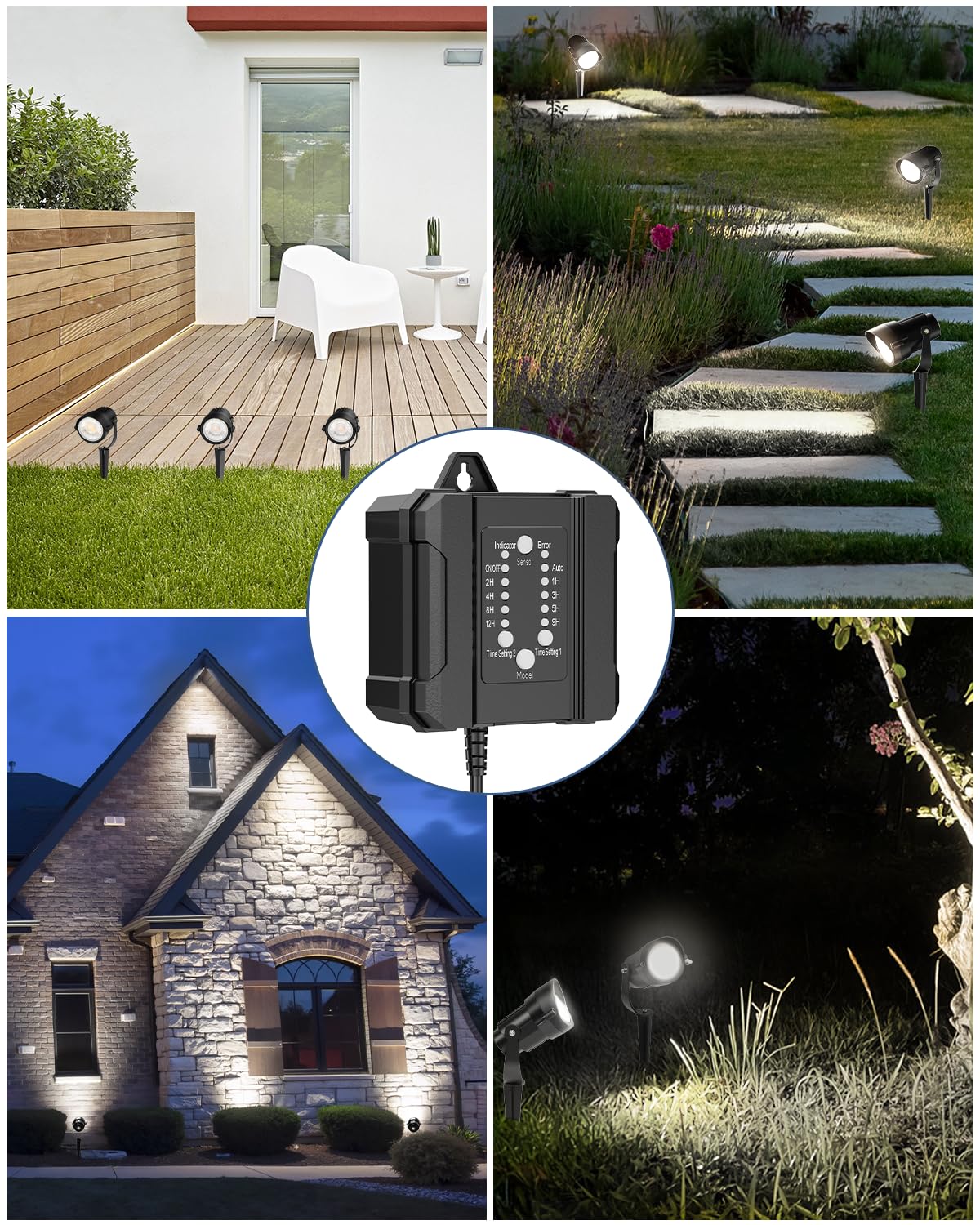 Low Voltage Landscape Lighting with Connectors, 100W Transformer Photocell Sensor and Timer Spotlights
