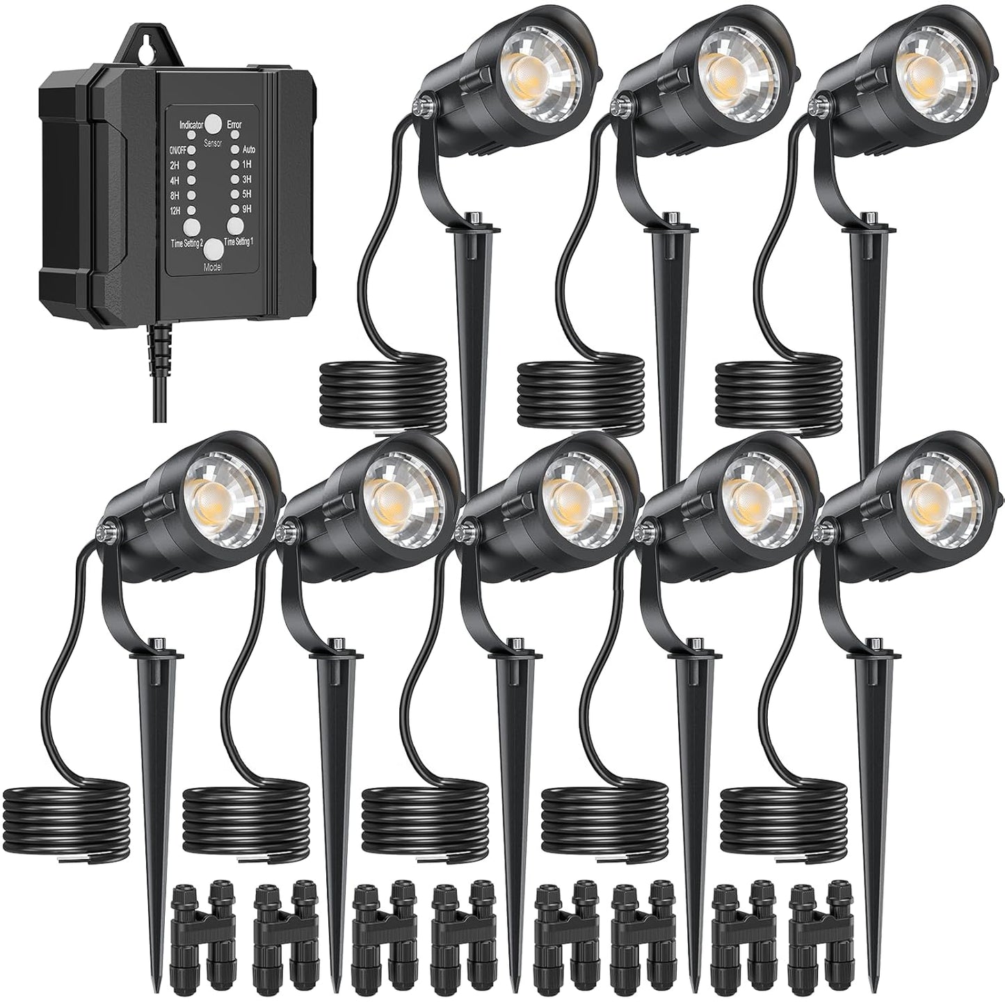 Low Voltage Landscape Lighting with Connectors, 100W Transformer Photocell Sensor and Timer Spotlights