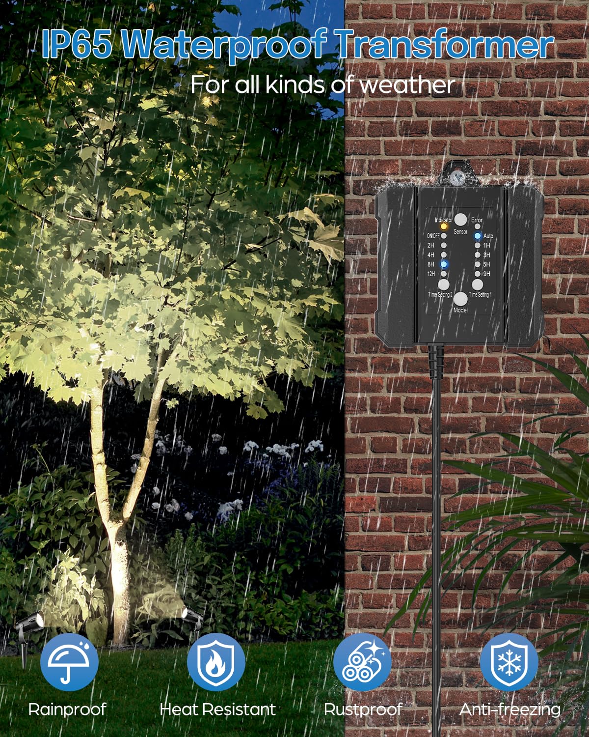 Low Voltage Landscape Lighting with Connectors, 100W Transformer Photocell Sensor and Timer Spotlights