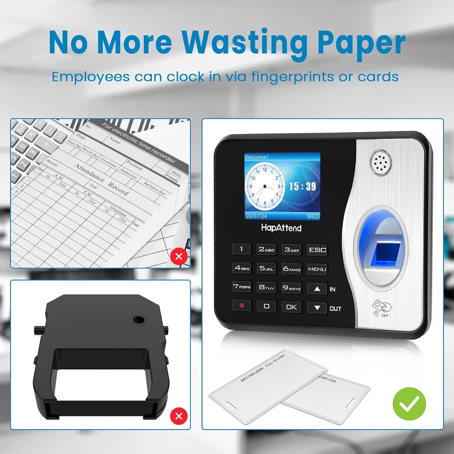 HapAttend Time Clocks for Employees Small Business Automatic Calculate Hours, 0 Monthly Fees Fingerprint Time Clock, H3 Standalone