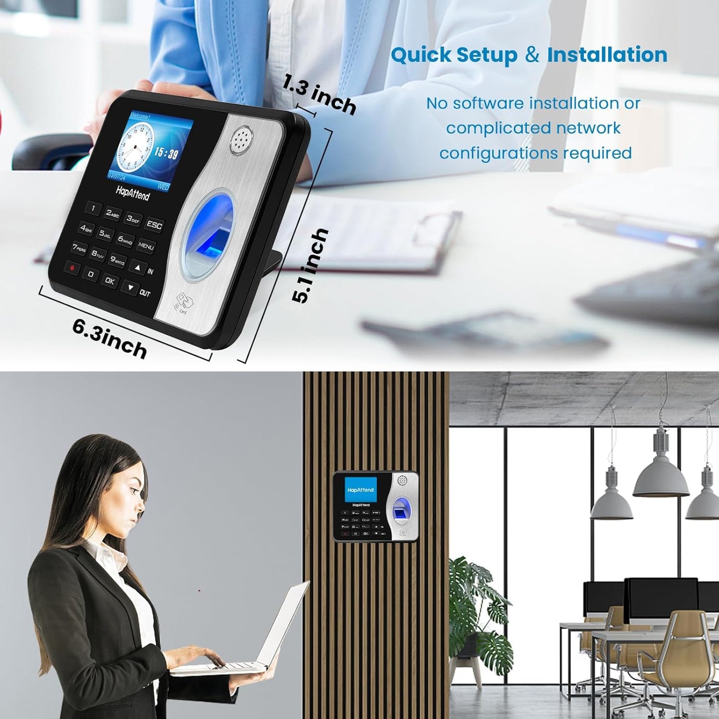 HapAttend Time Clocks for Employees Small Business Automatic Calculate Hours, 0 Monthly Fees Fingerprint Time Clock, H3 Standalone