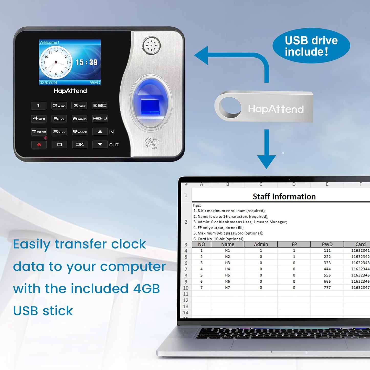 HapAttend Time Clocks for Employees Small Business Automatic Calculate Hours, 0 Monthly Fees Fingerprint Time Clock, H3 Standalone