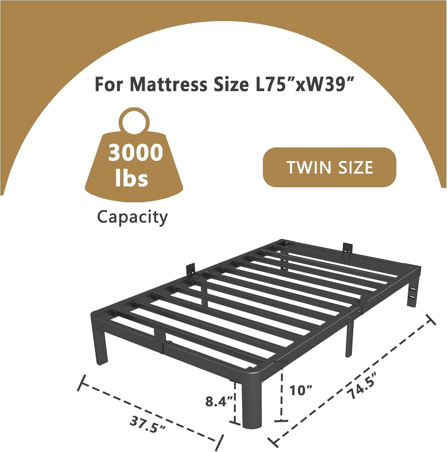 10 Inch Twin Size Bed Frames, Platform Bed with Metal Gaskets, Metal Bedframe No Box Spring Needed