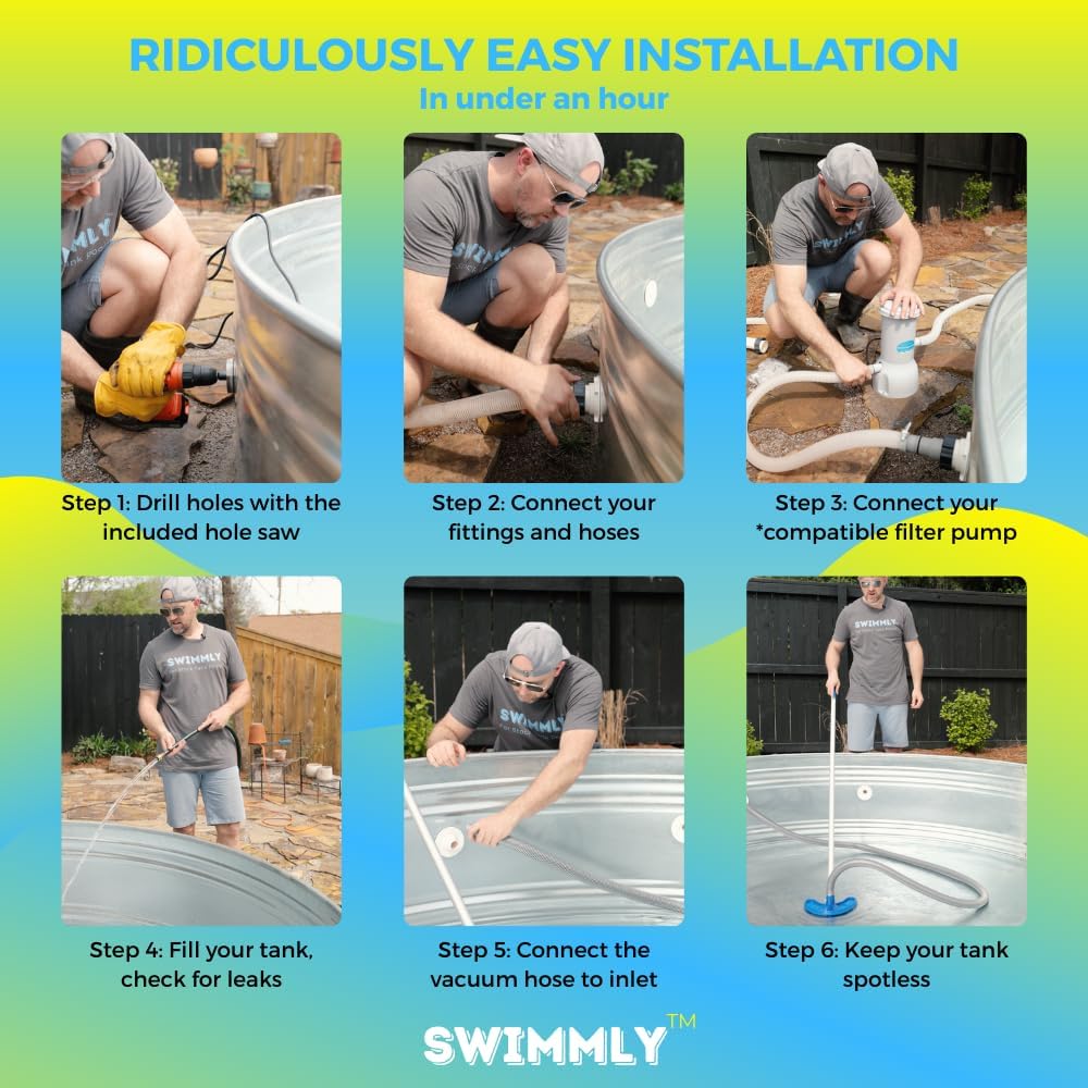 Stock Tank Pool DIY Kit, Includes Connector Fittings, Vacuum, Hole Saw, Chlorine Dispenser, Thermometer