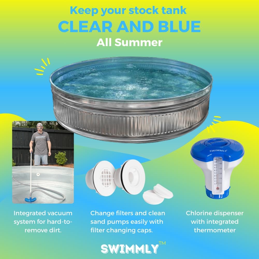Stock Tank Pool DIY Kit, Includes Connector Fittings, Vacuum, Hole Saw, Chlorine Dispenser, Thermometer