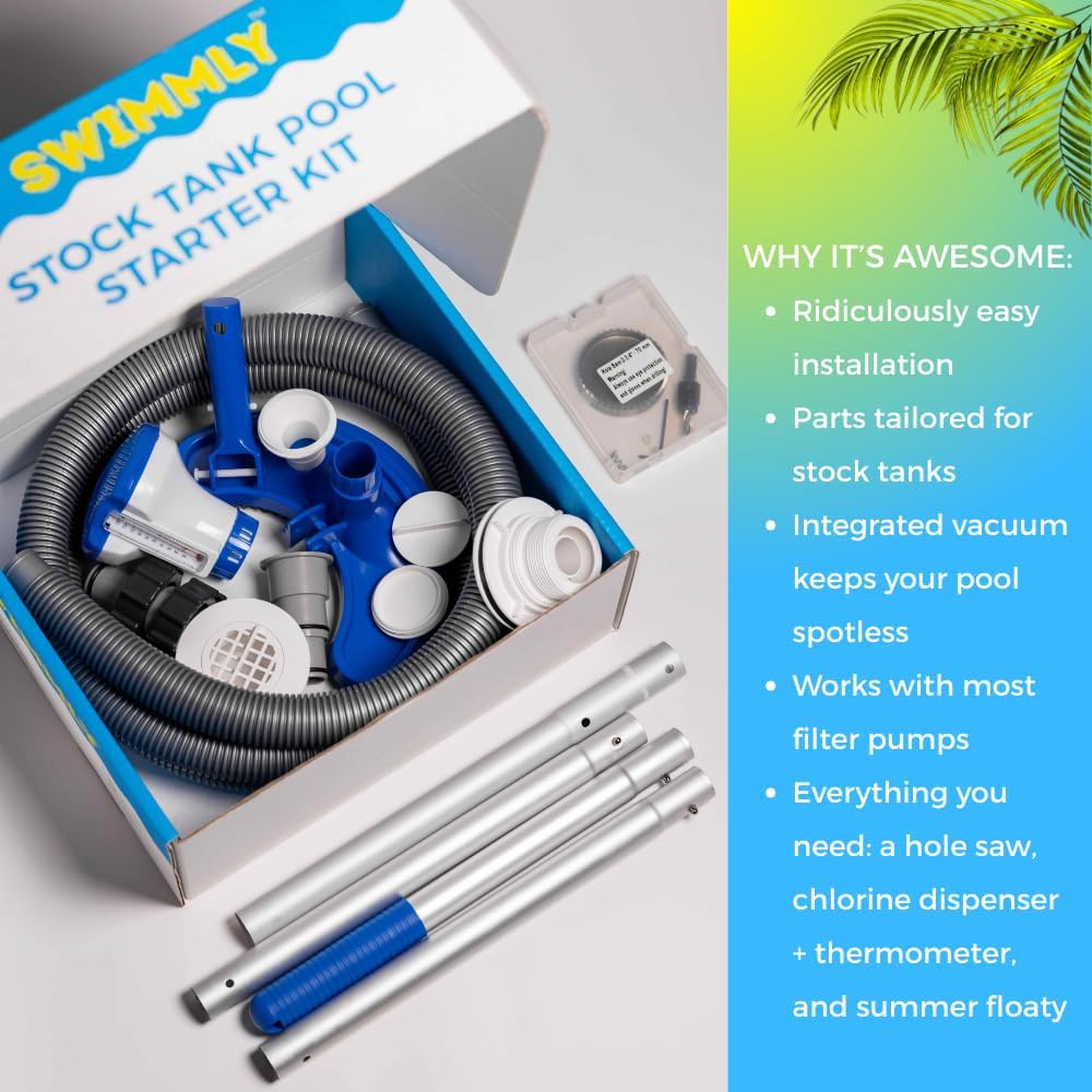 Stock Tank Pool DIY Kit, Includes Connector Fittings, Vacuum, Hole Saw, Chlorine Dispenser, Thermometer