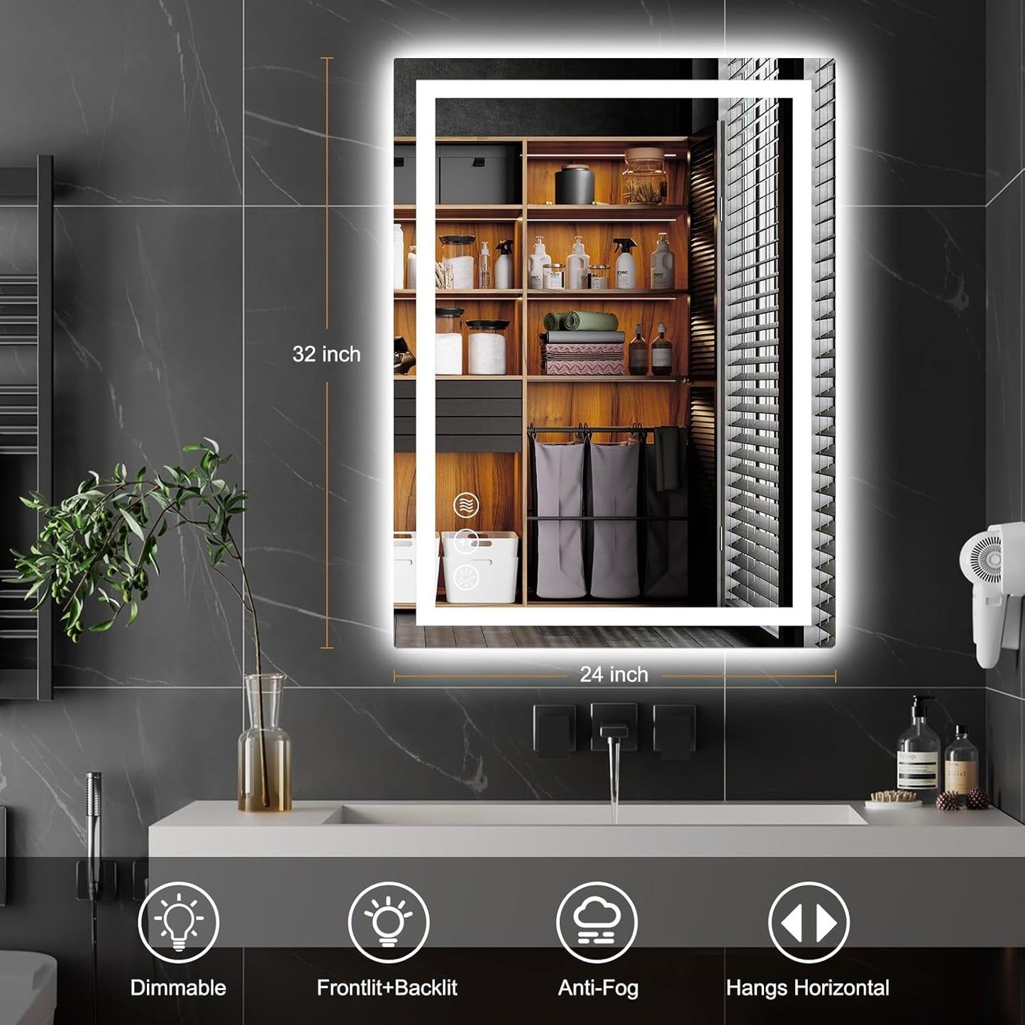 LED Bathroom Mirror with Lights, Wall-Mounted Vanity Mirror 24 * 32Inch with Front and Backlight Anti-Fog