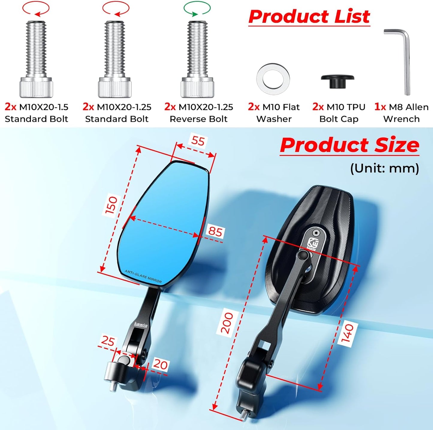 Aluminum Alloy Rainproof Foldable Motorcycle Mirrors, HD Anti-Glare Blue Lenses