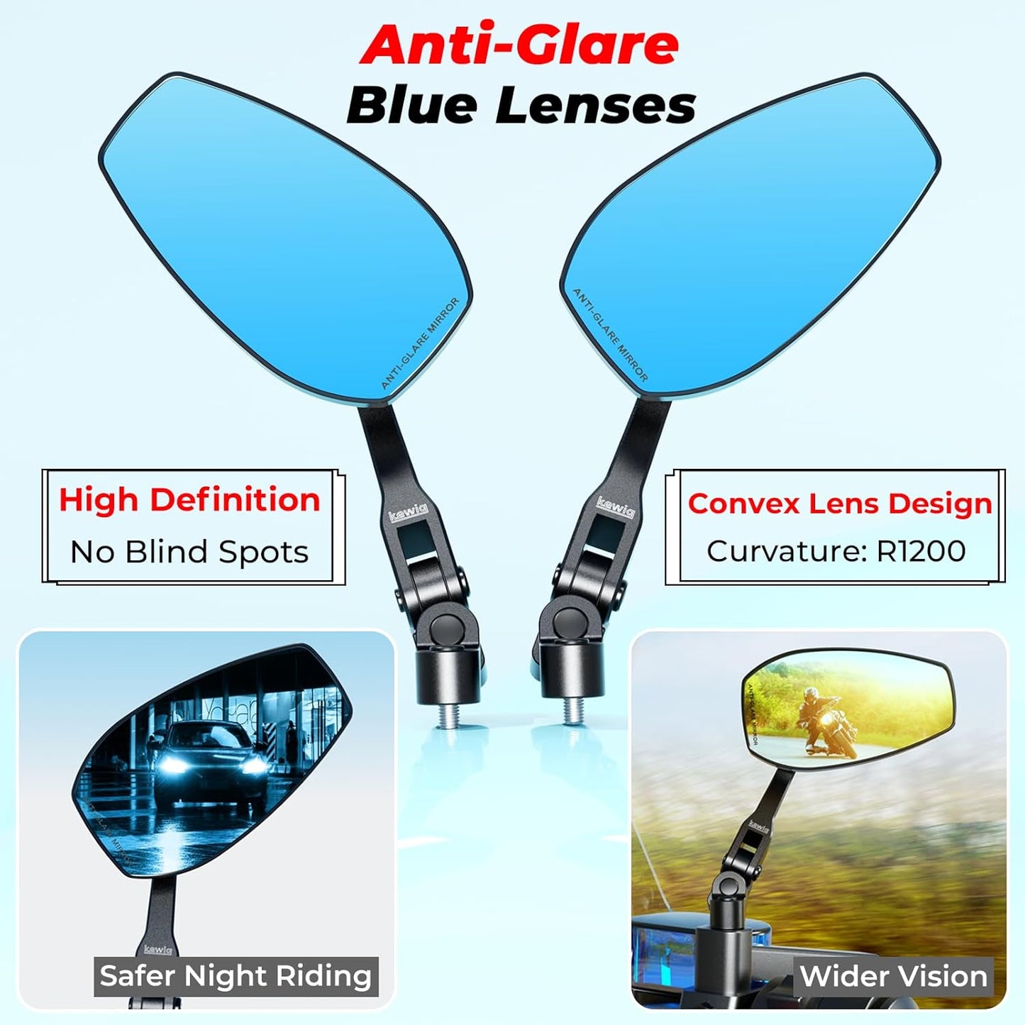 Aluminum Alloy Rainproof Foldable Motorcycle Mirrors, HD Anti-Glare Blue Lenses