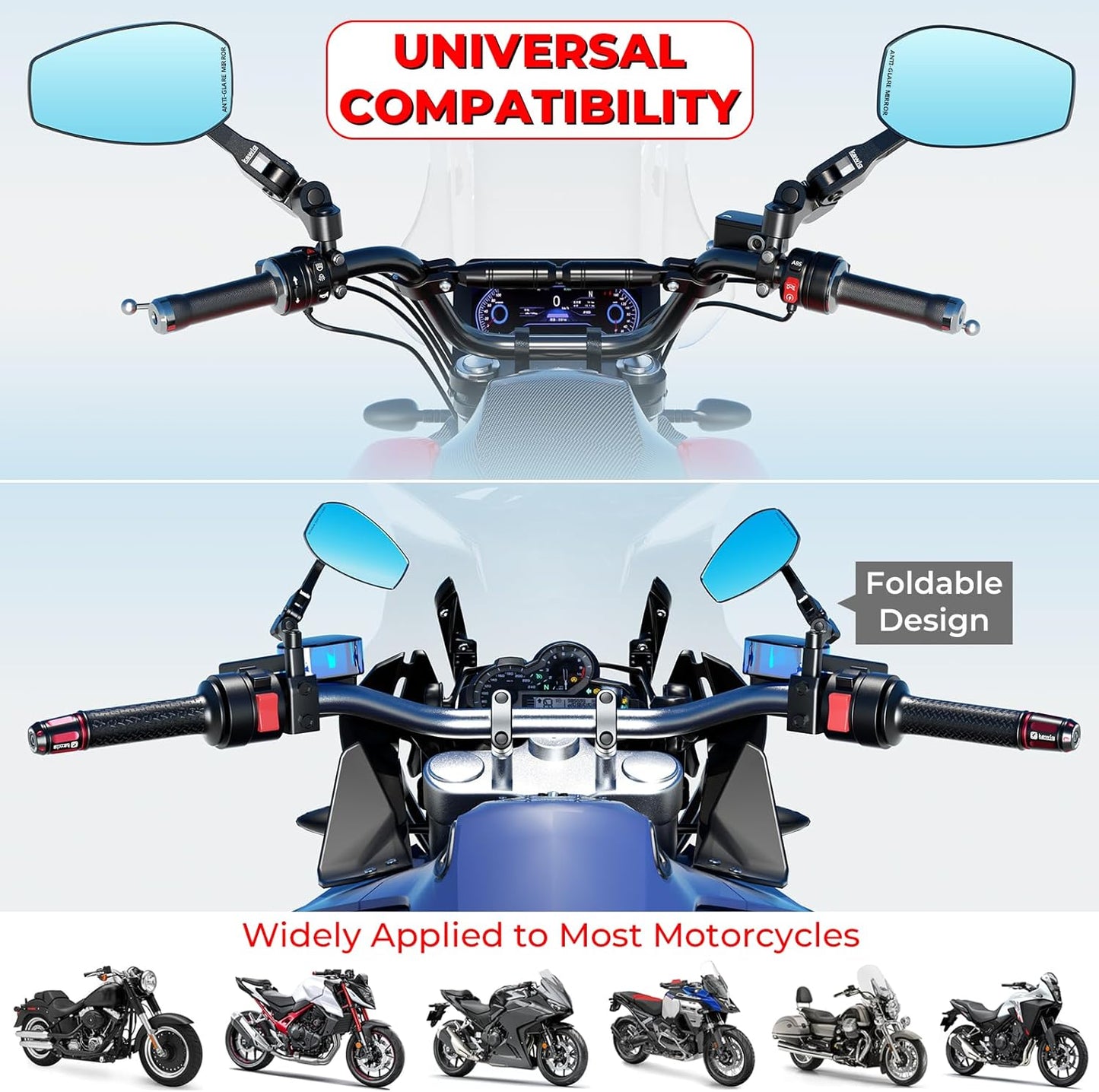 Aluminum Alloy Rainproof Foldable Motorcycle Mirrors, HD Anti-Glare Blue Lenses