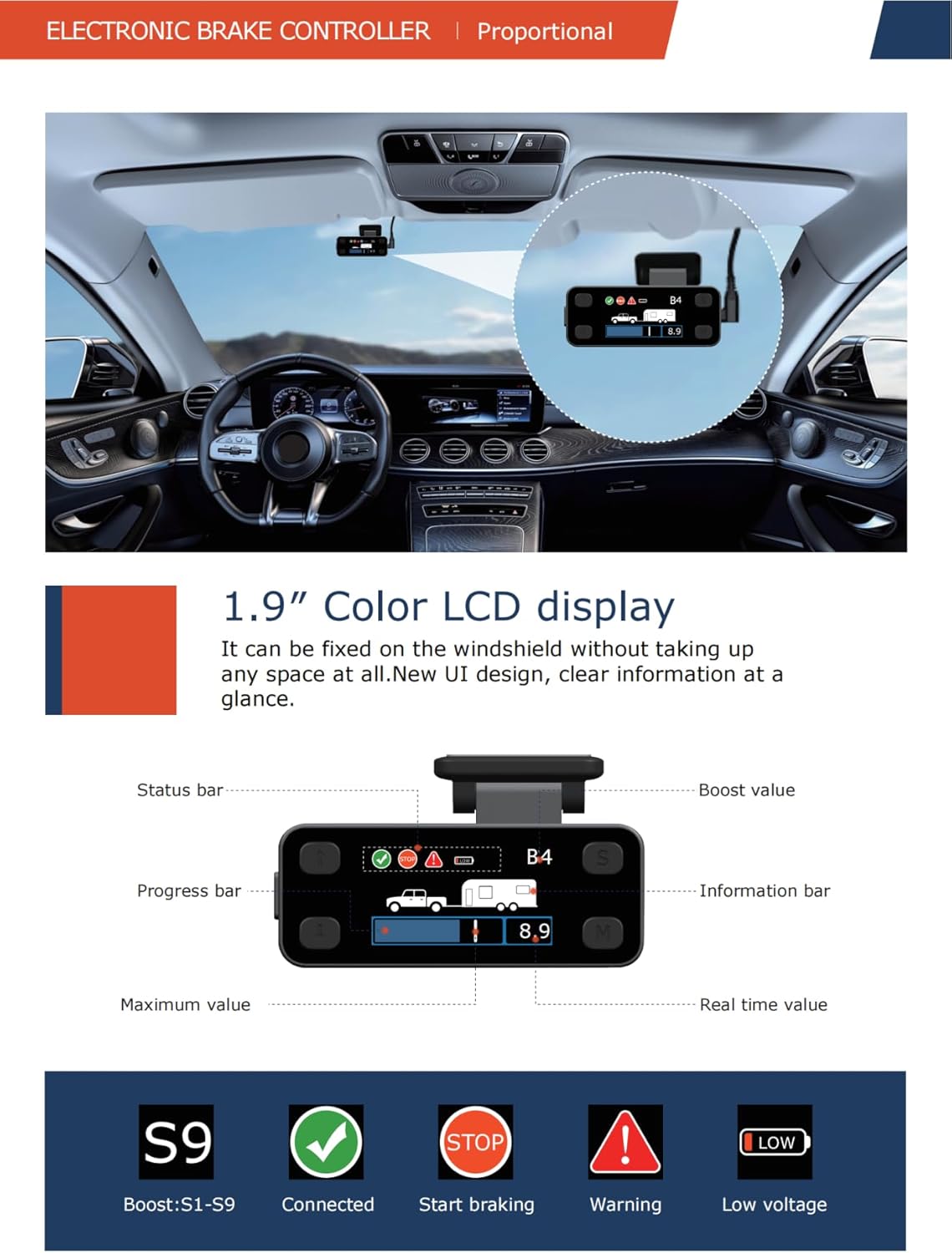 Trailer Brake Controller Kit for Trailers with 1-4 Axles, Color LCD Screen, Split Design