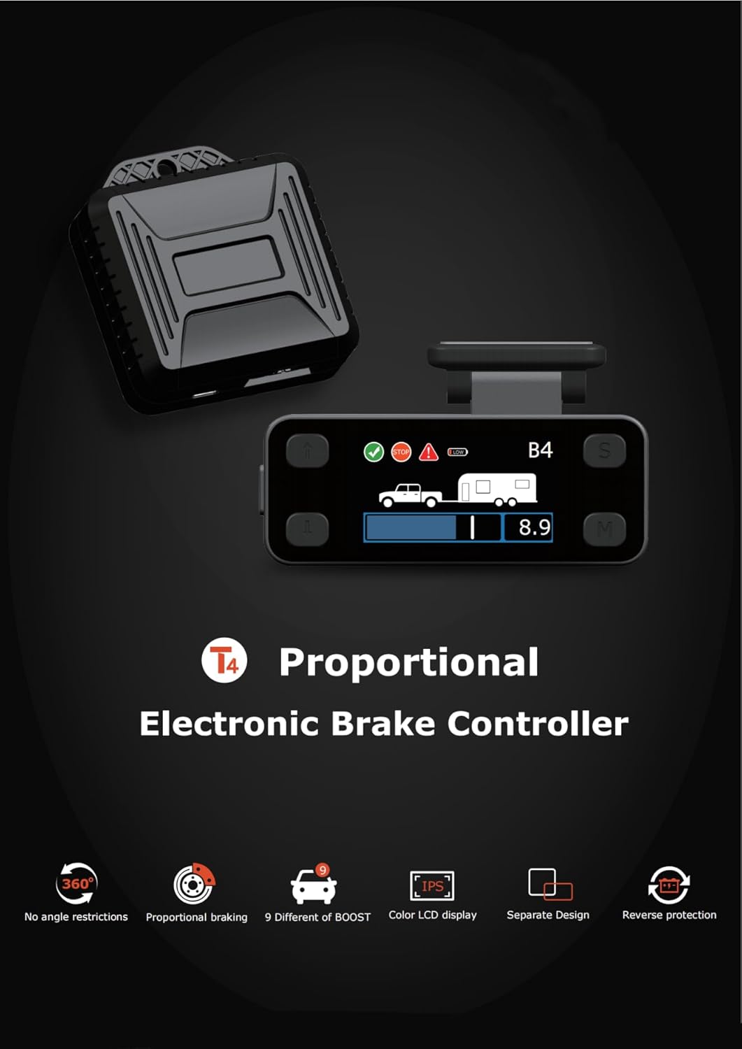 Trailer Brake Controller Kit for Trailers with 1-4 Axles, Color LCD Screen, Split Design