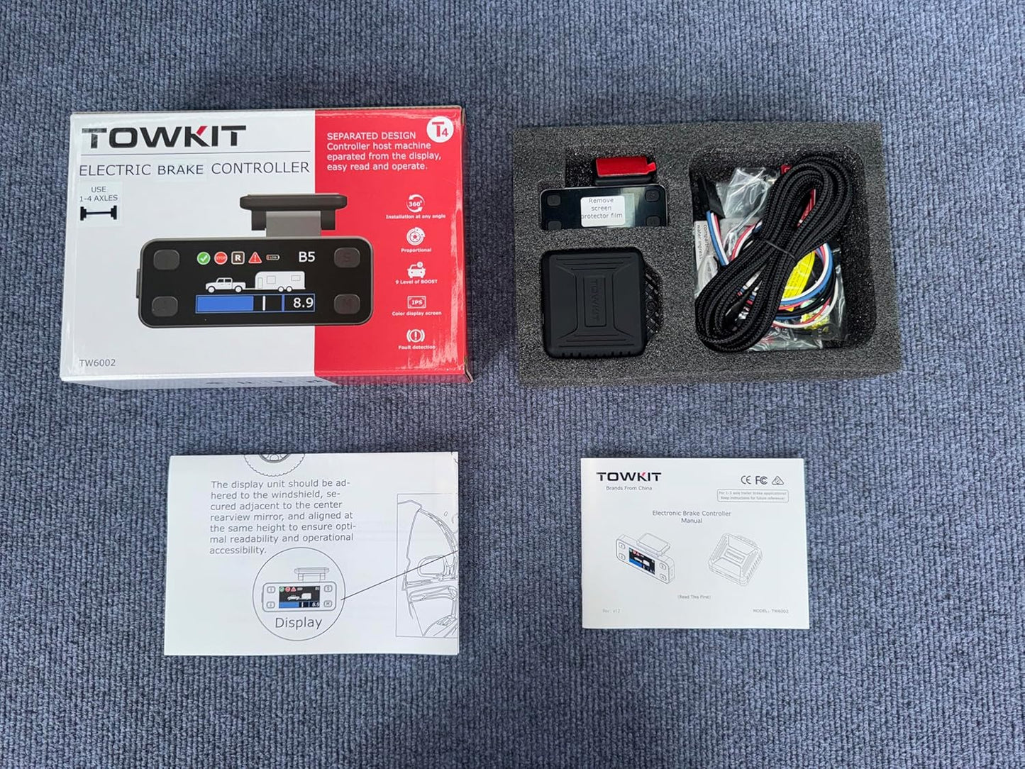 Trailer Brake Controller Kit for Trailers with 1-4 Axles, Color LCD Screen, Split Design