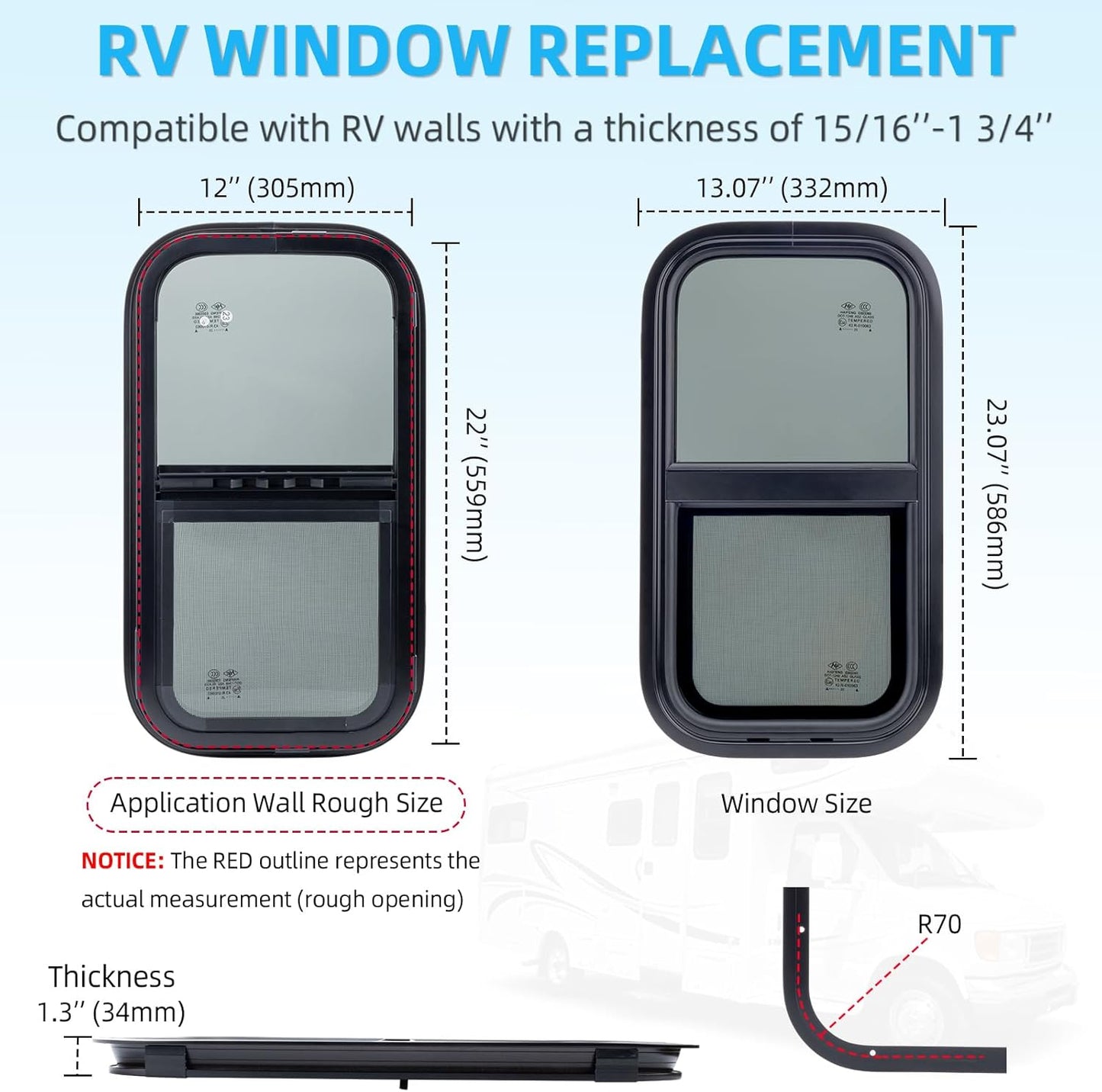 RV Window for Trailer Camper, 30' W x 20' H RV Exit Window with Net Screen and Trim Ring