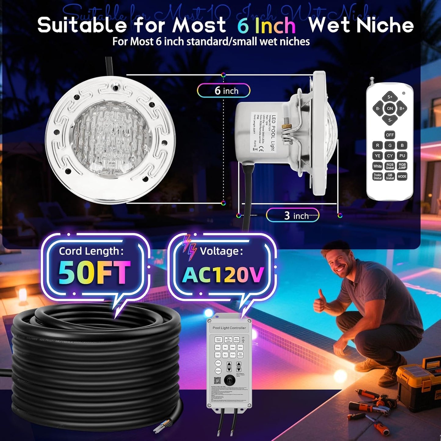 CAtArt 6 Inch Spa Light for Inground Pool, Color Changing LED Inground Spa Lights with Controller Remote