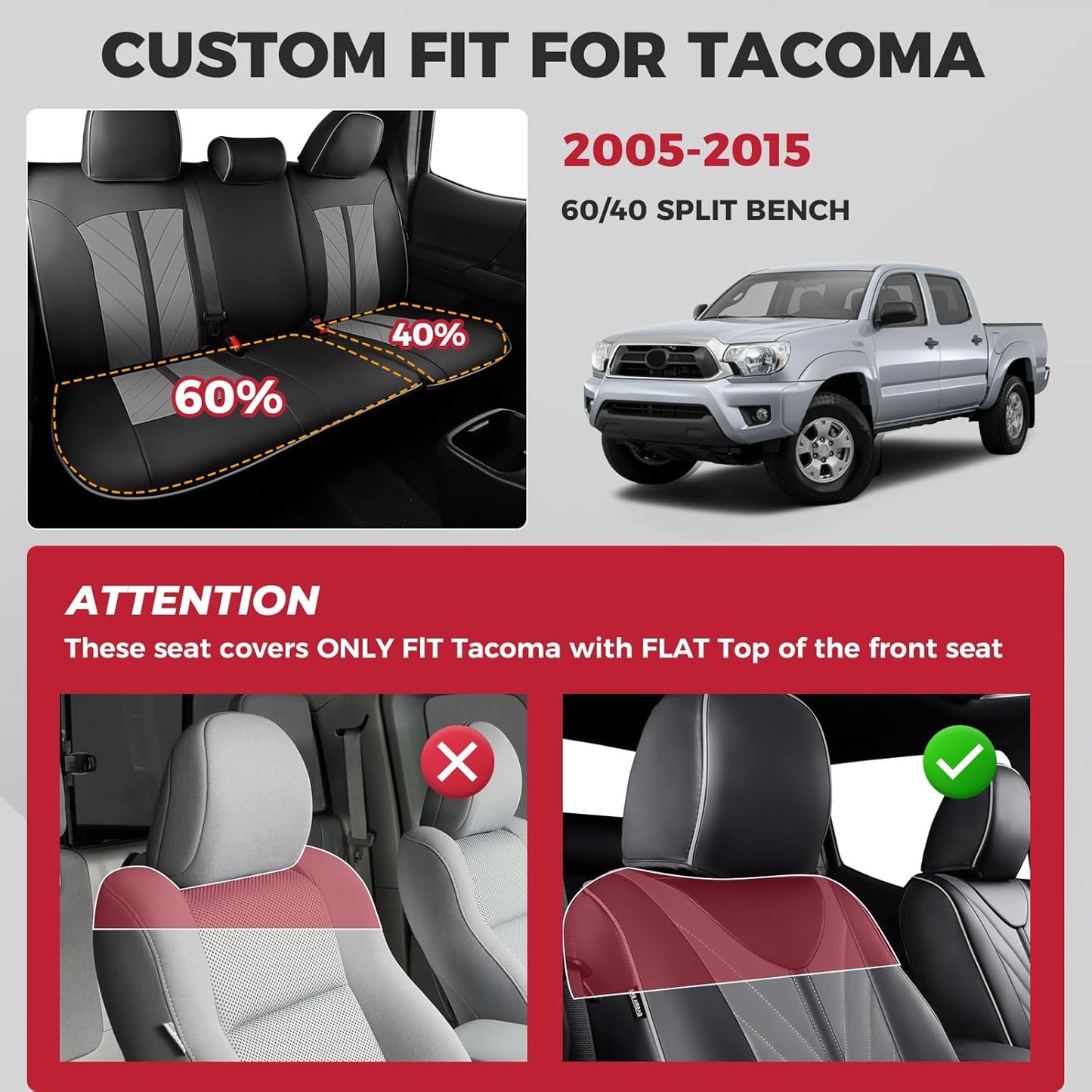 Seat Covers for Tacoma 2005-2015 Full Set, Custom Fit for Toyota Tacoma Double Crew Cab, SR, SR5, TRD Sport, TRD