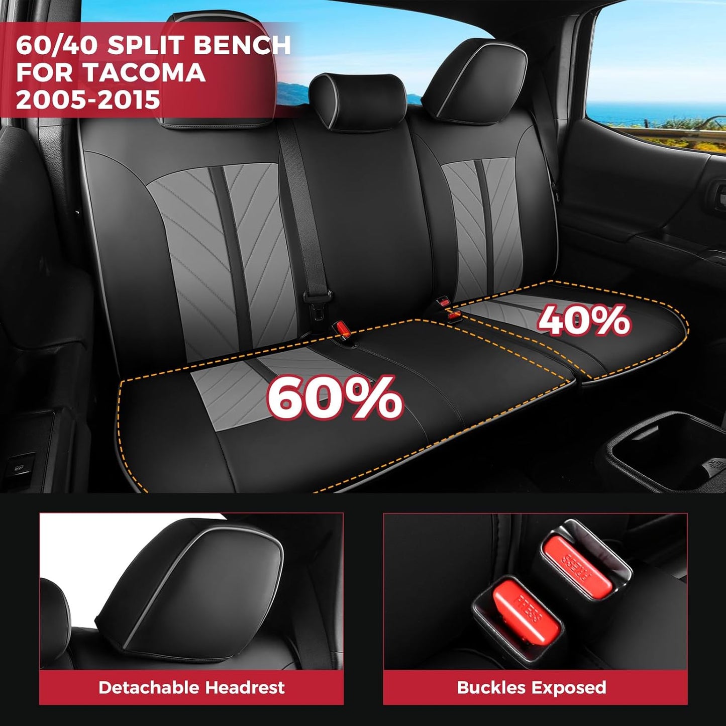 Seat Covers for Tacoma 2005-2015 Full Set, Custom Fit for Toyota Tacoma Double Crew Cab, SR, SR5, TRD Sport, TRD