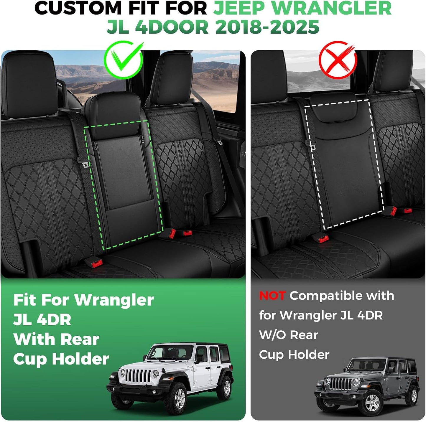 Jeep Wrangler Seat Covers JL 4 DR with Rear Cup Holder 2018 - 2025