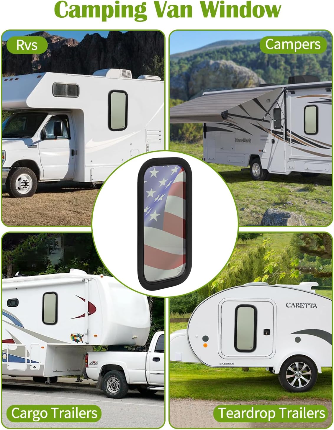 Fixed RV Window 12' W x 35' H, Replacement Camper Window, Teardrop Window with Trim Rings