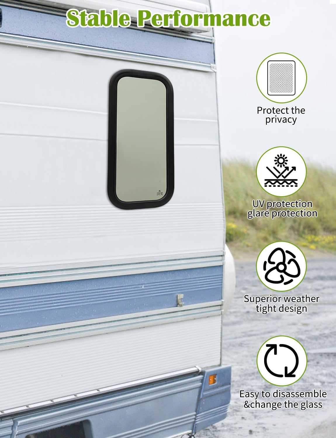 Fixed RV Window 12' W x 35' H, Replacement Camper Window, Teardrop Window with Trim Rings